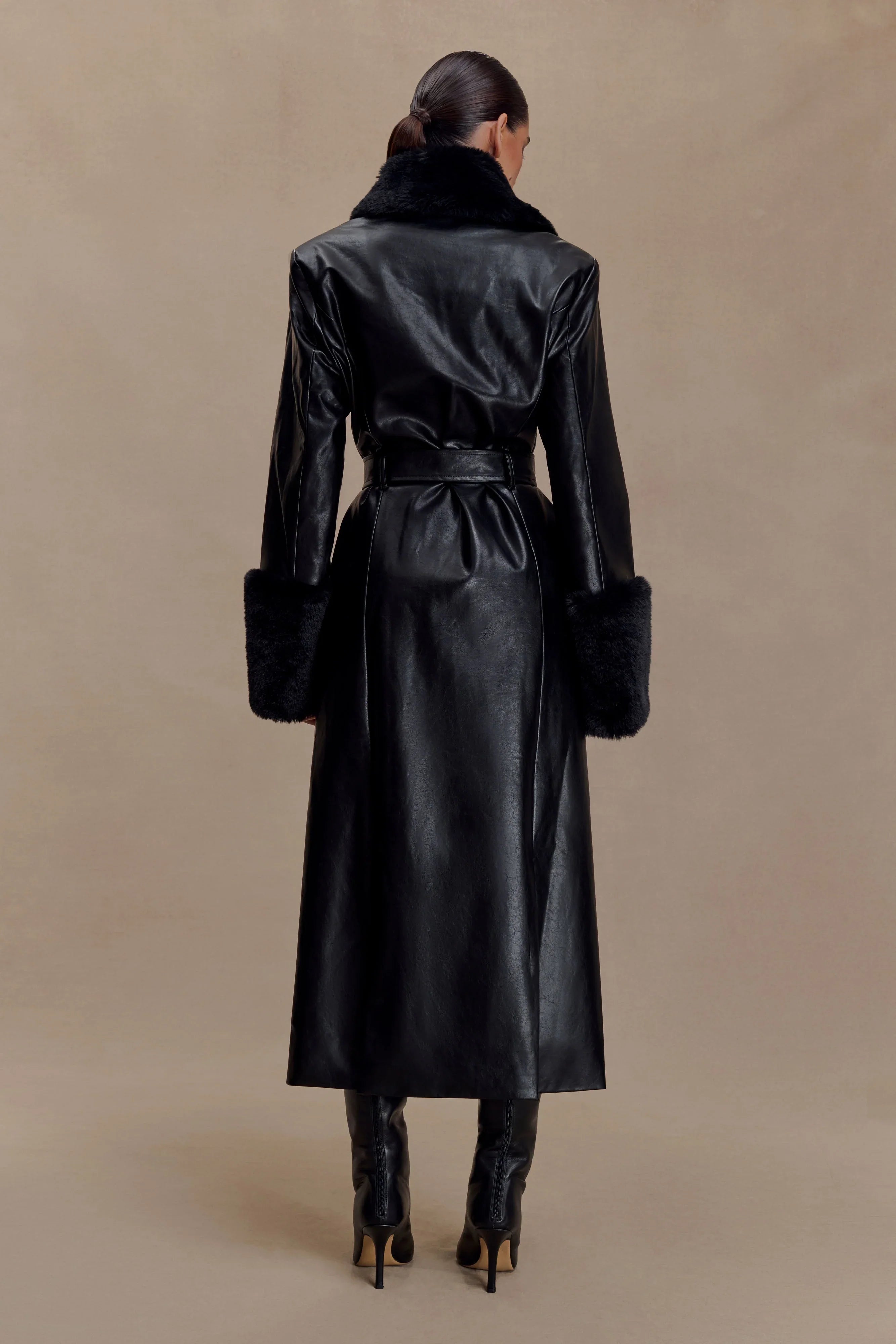 Bec Faux Leather Trench Coat With Faux Fur Black