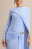 Orintha Powder Blue Wide Neck Maxi Dress With Cape And Gold Detail