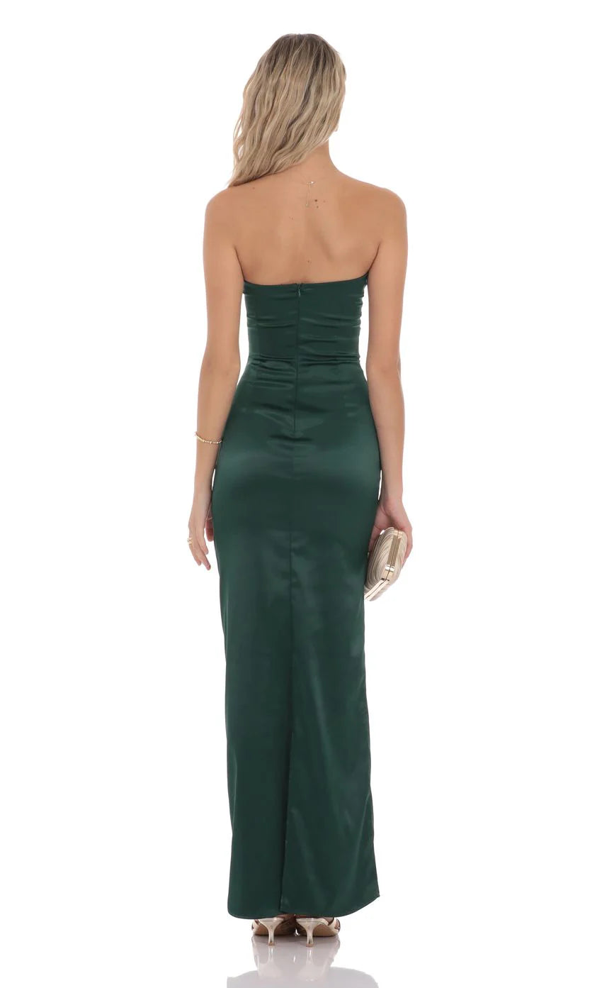 Satin V Strapless Maxi Dress in Green