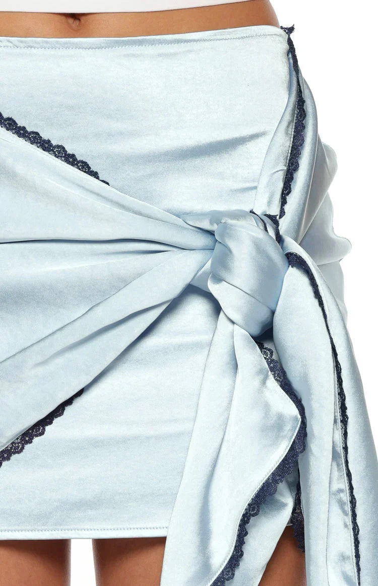 Elvi Blue Ruched Satin Mini Skirt
