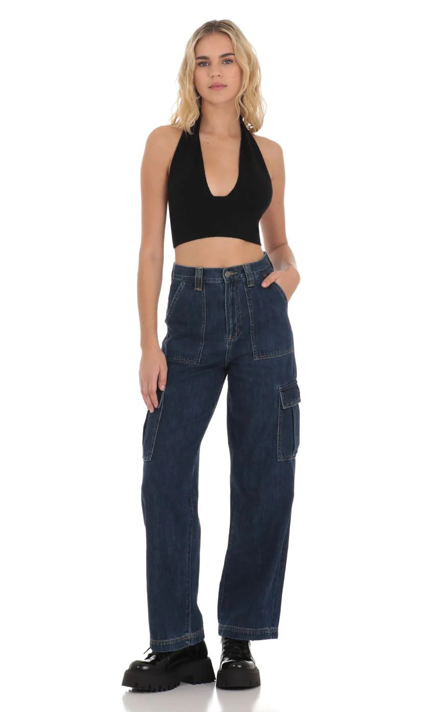 Wide Leg Cargo Jeans in Dark Denim