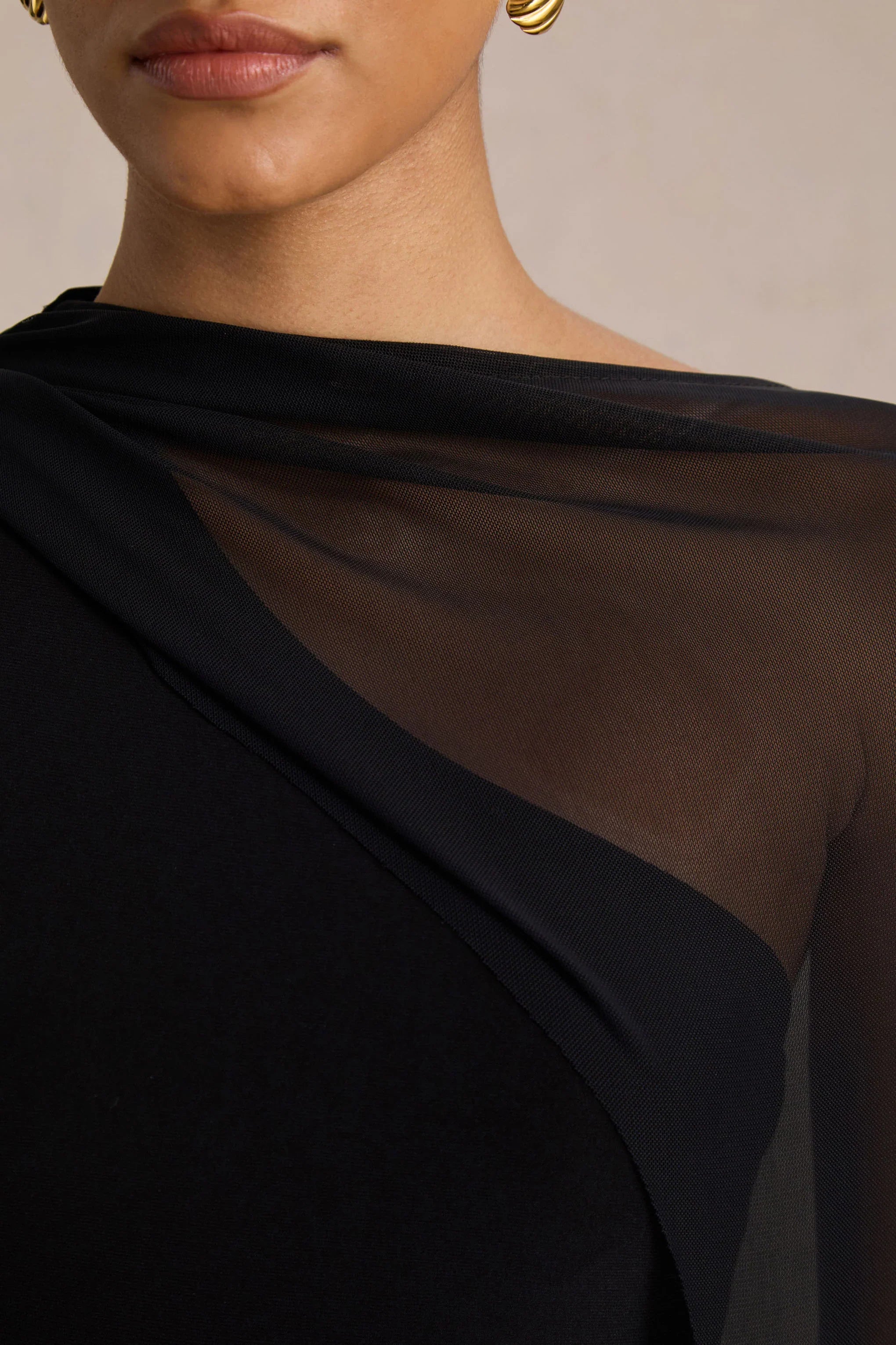 Mirelle Black Asymmetric Neck Maxi Dress With Sheer Cape Sleeve
