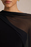 Mirelle Black Asymmetric Neck Maxi Dress With Sheer Cape Sleeve