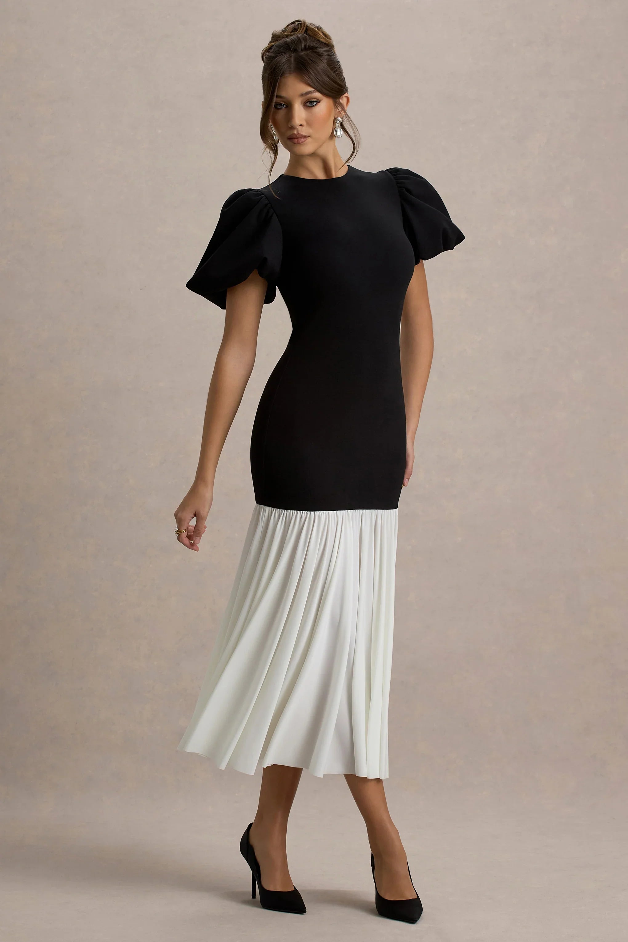 Cinzia Black White Puff Sleeve Volume Hem Midi Dress