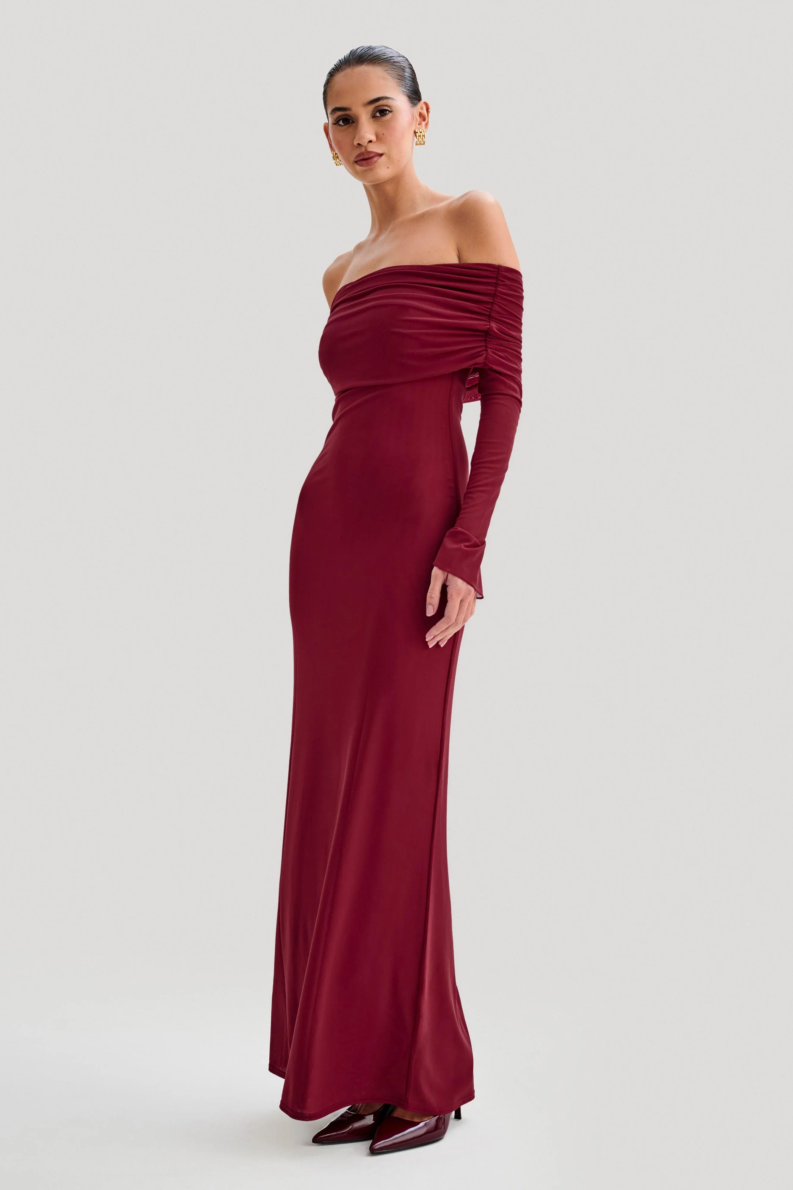Josie Off Shoulder Mesh Maxi Dress Wine