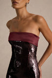 Casandra Burgundy Sequin Bandeau Mini Dress With Satin Trim