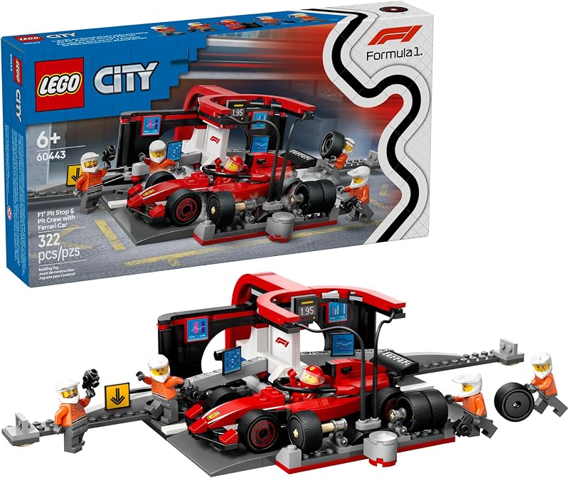 LEGO City F1 Pit Stop Pit Crew with Ferrari Car Toy Model Race Car Toy Building Playset for Kids Boys and Girls Ages 6 F1 Collectible for Fans Gift Idea for Birthdays 60443