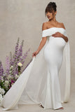 Carlotta White Bardot Maternity Maxi Dress With Chiffon Cape