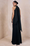 Vayla Black Matte Satin Asymmetric Drop Waist Maxi Skirt