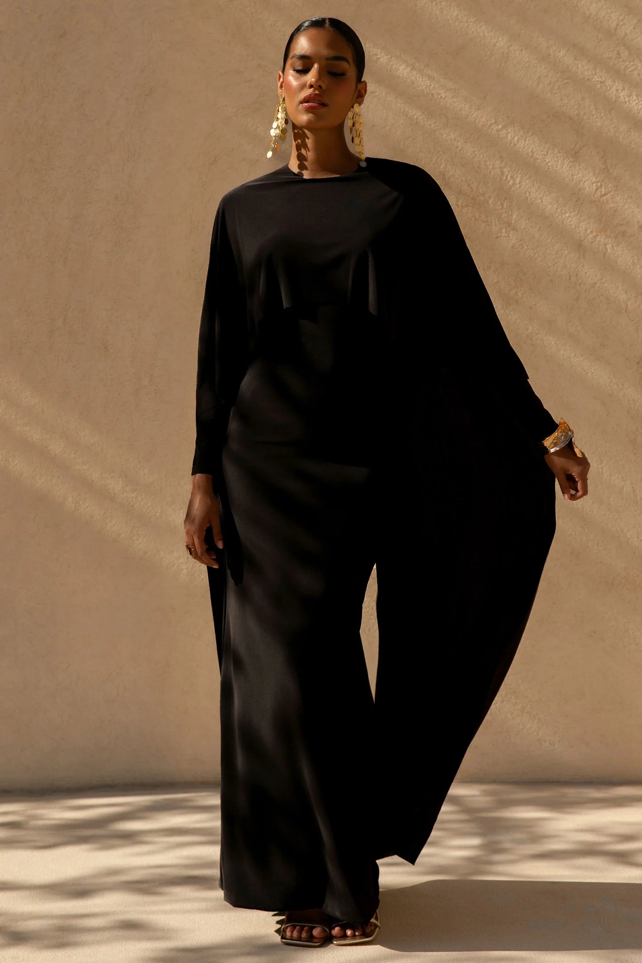 Belinda Black Draped Maxi Dress With Cape Sleeves