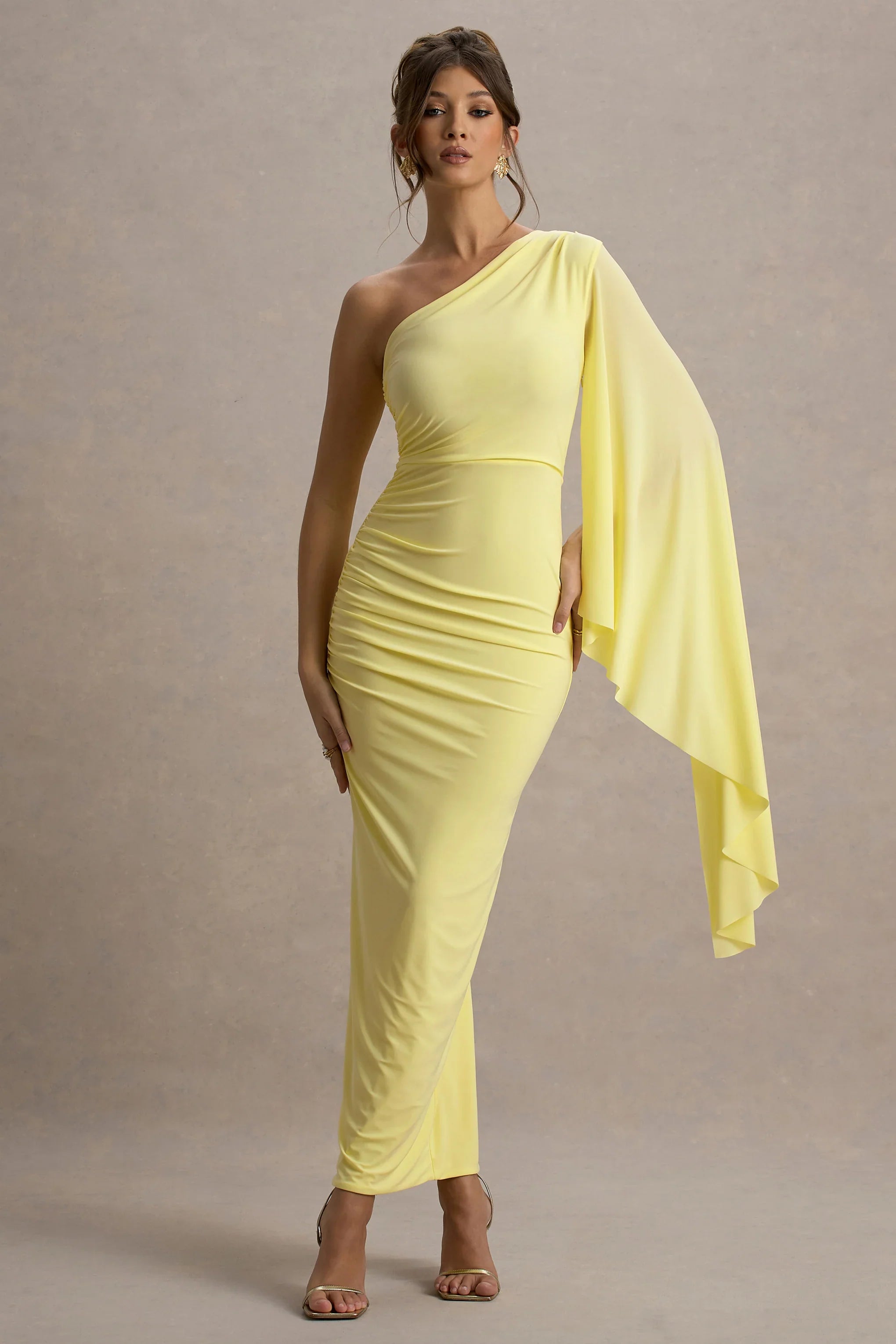 Clementina Lemon Asymmetric Cape Sleeve Maxi Dress