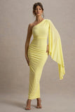 Clementina Lemon Asymmetric Cape Sleeve Maxi Dress