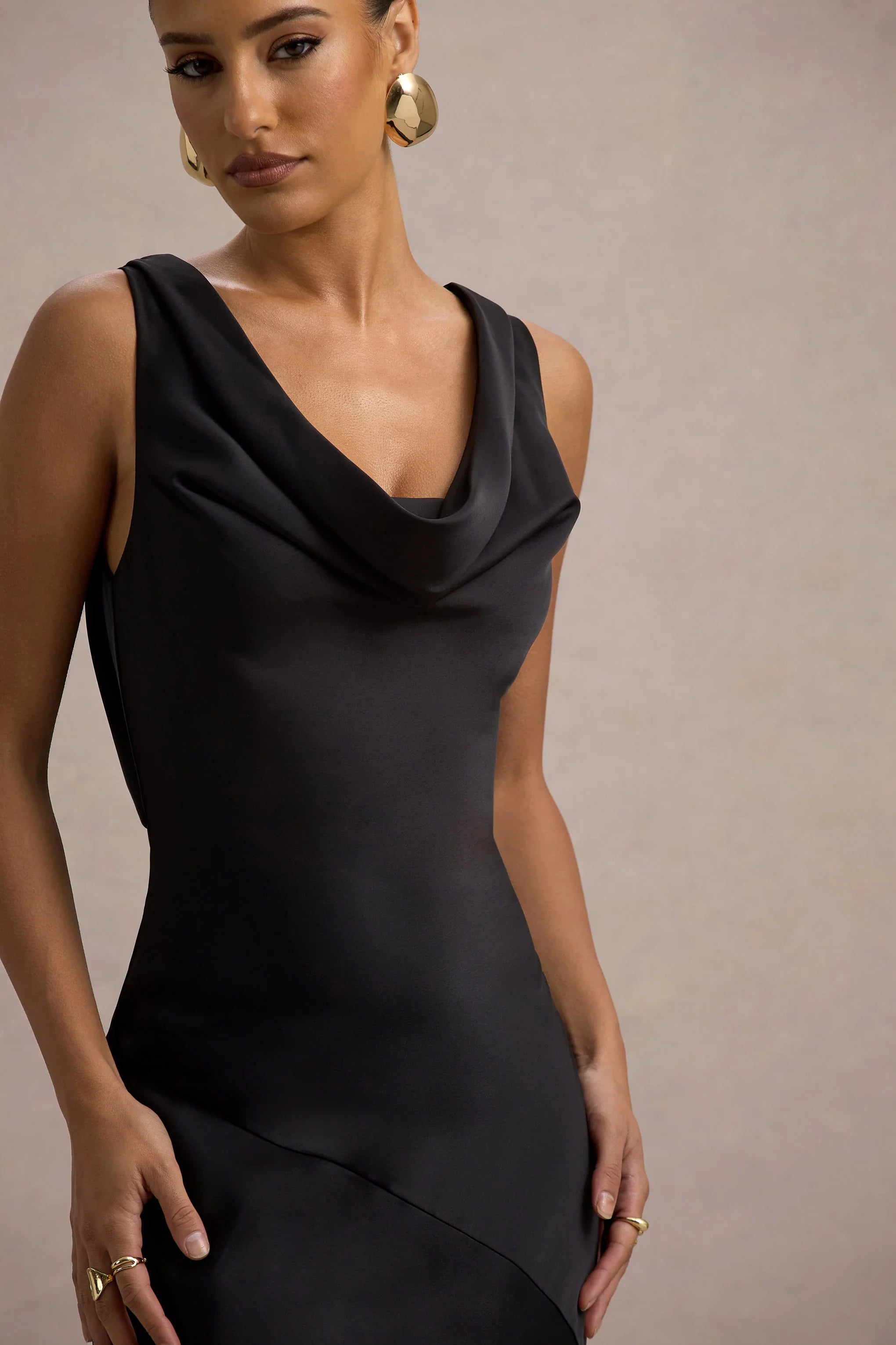 Alesso Black Satin Cowl Neck Slip Maxi Dress