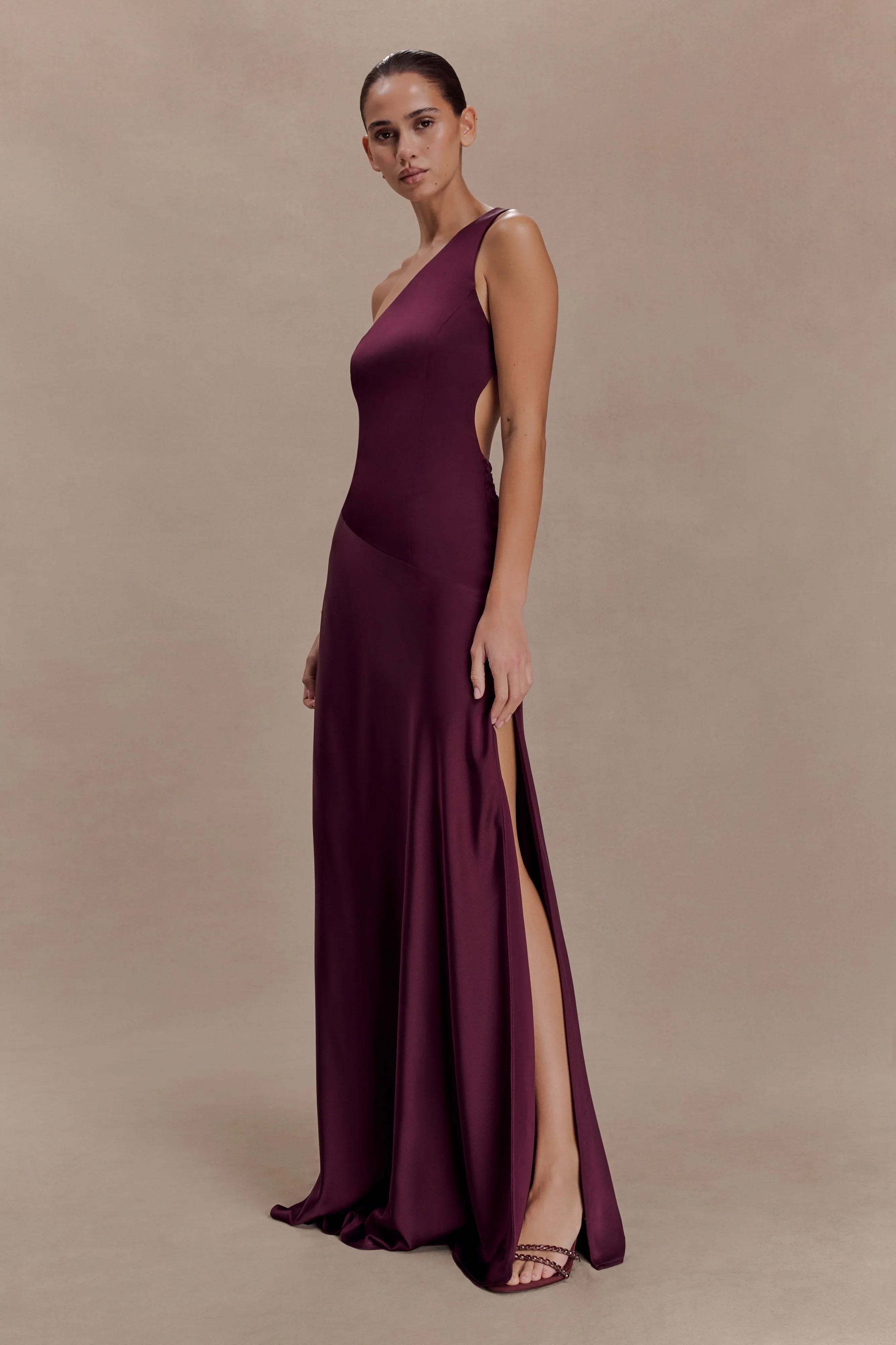 Lyla Asymmetrical Satin Maxi Dress Plum