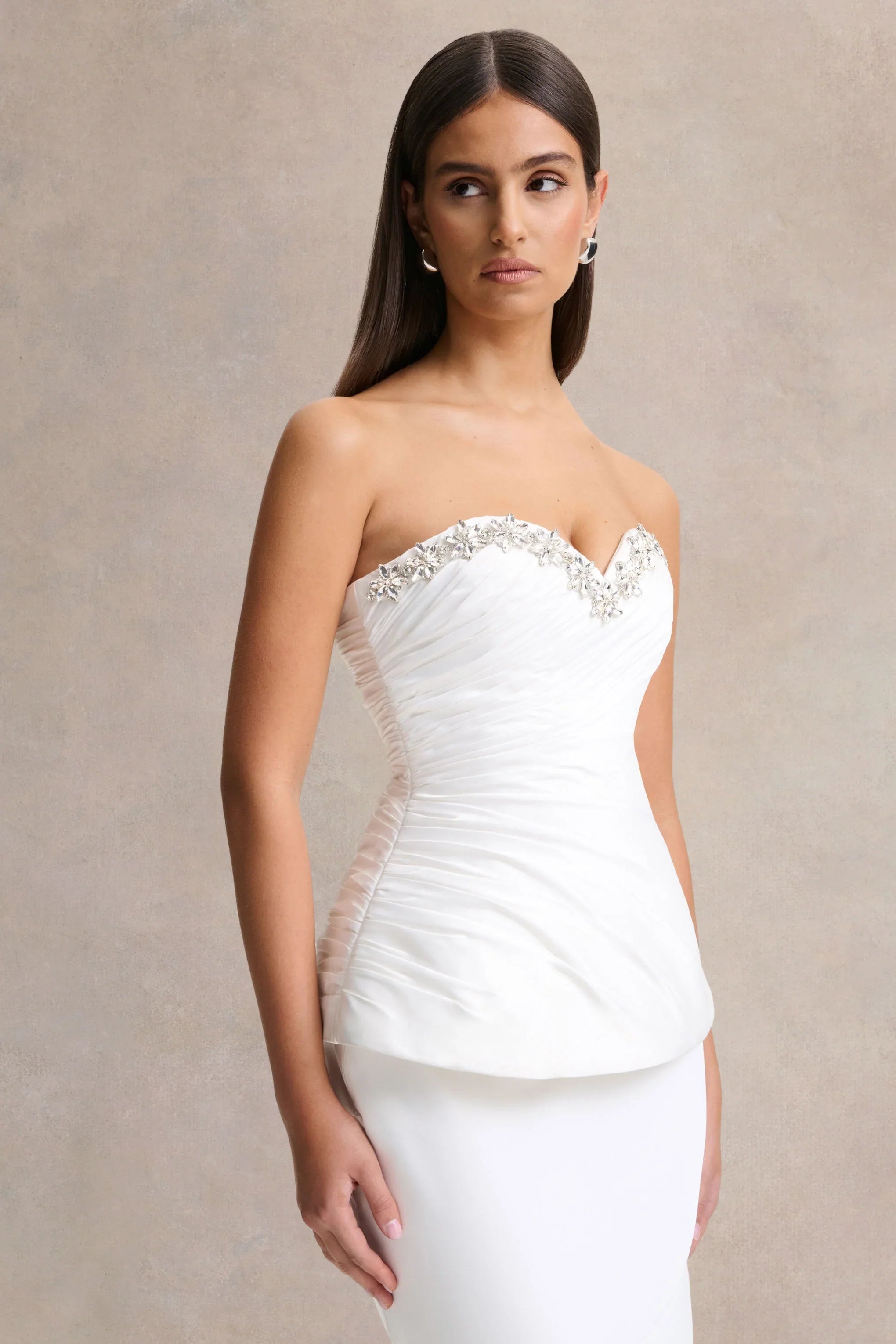 Ambria White Satin Hand Embellished Sweetheart Neck Corset Top