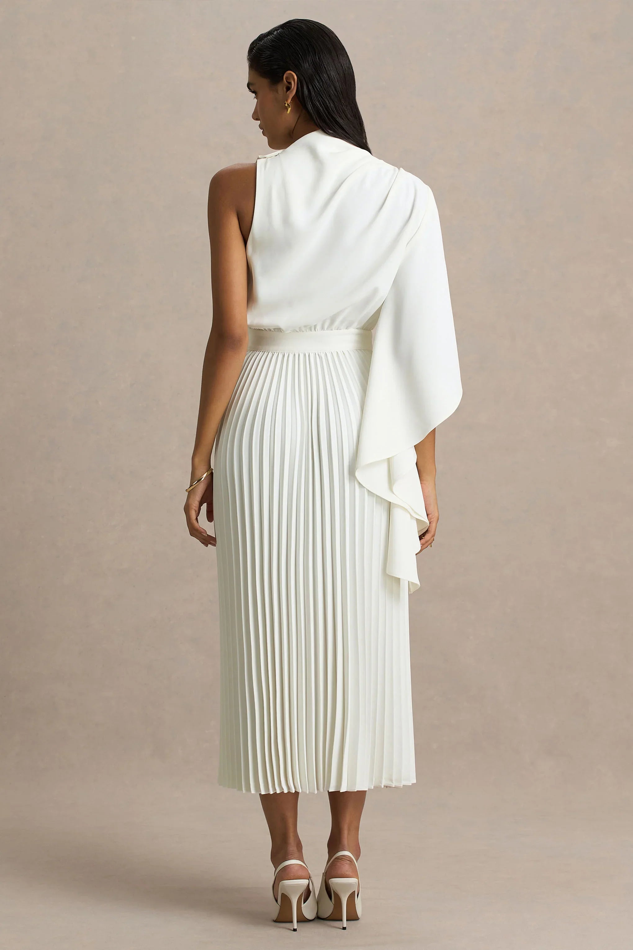 Jimena Cream High Neck Midi Dress With One Long Sleeve And Pleated Detailing