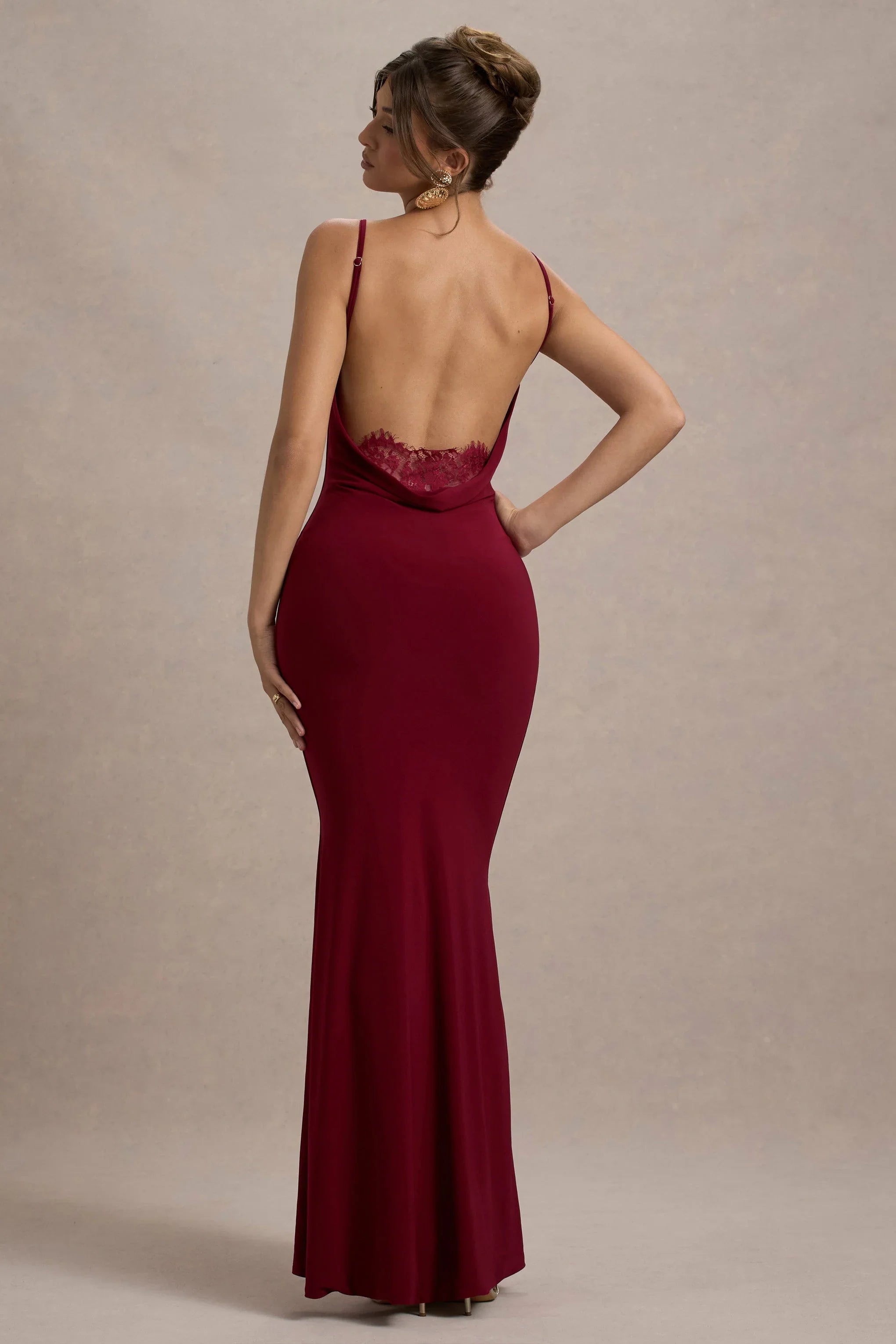 Francoise Berry Cowl Neck Backless Maxi Dress With Lace Insert