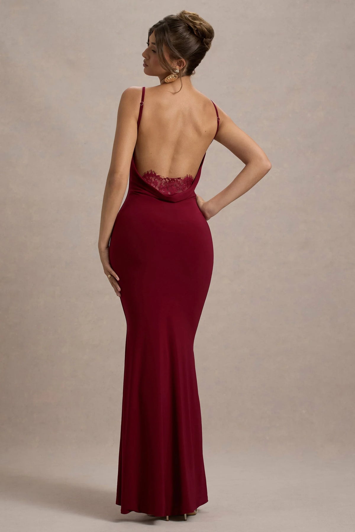 Francoise Berry Cowl Neck Backless Maxi Dress With Lace Insert
