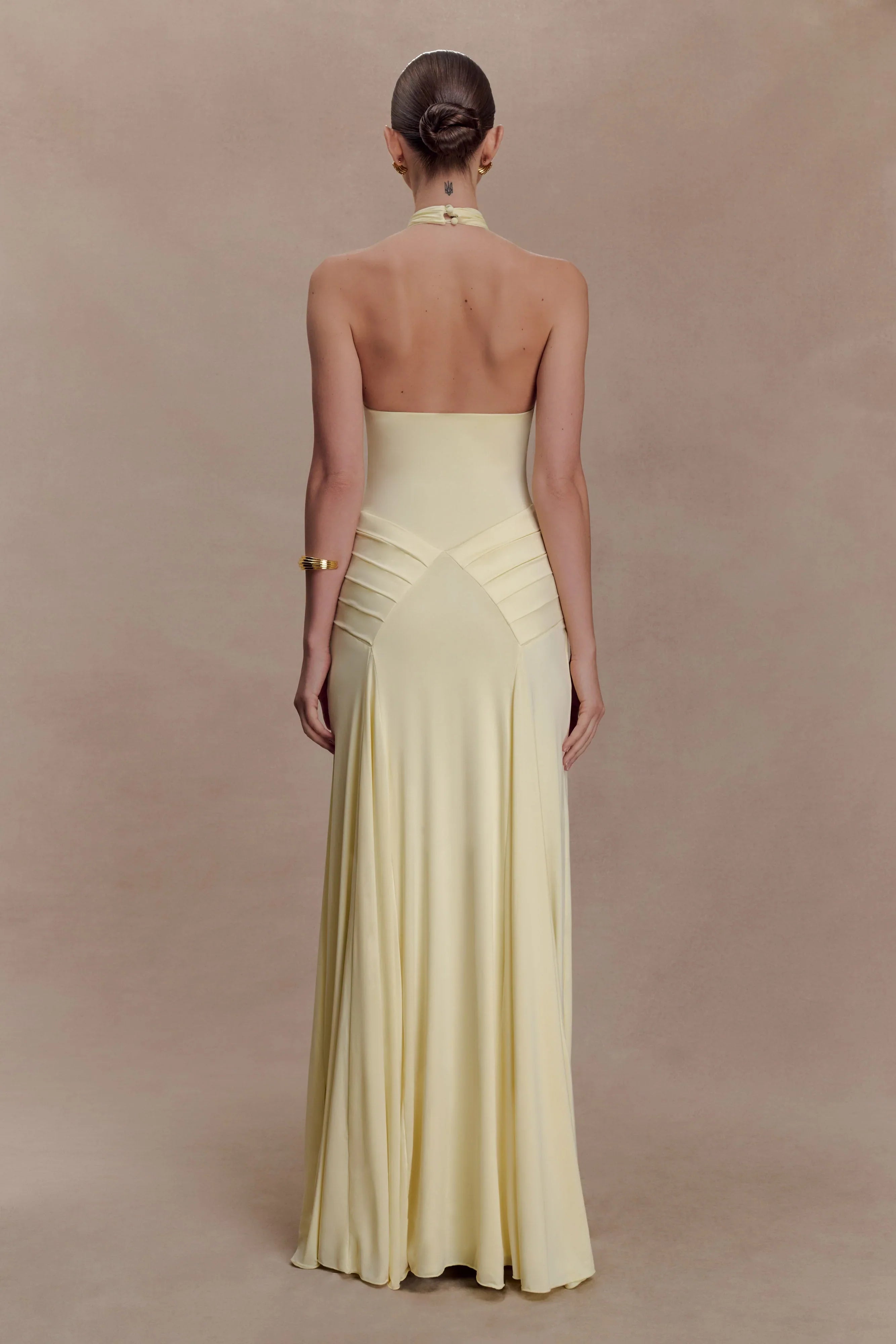 Indira Gathered Slinky Halter Maxi Dress Lemon