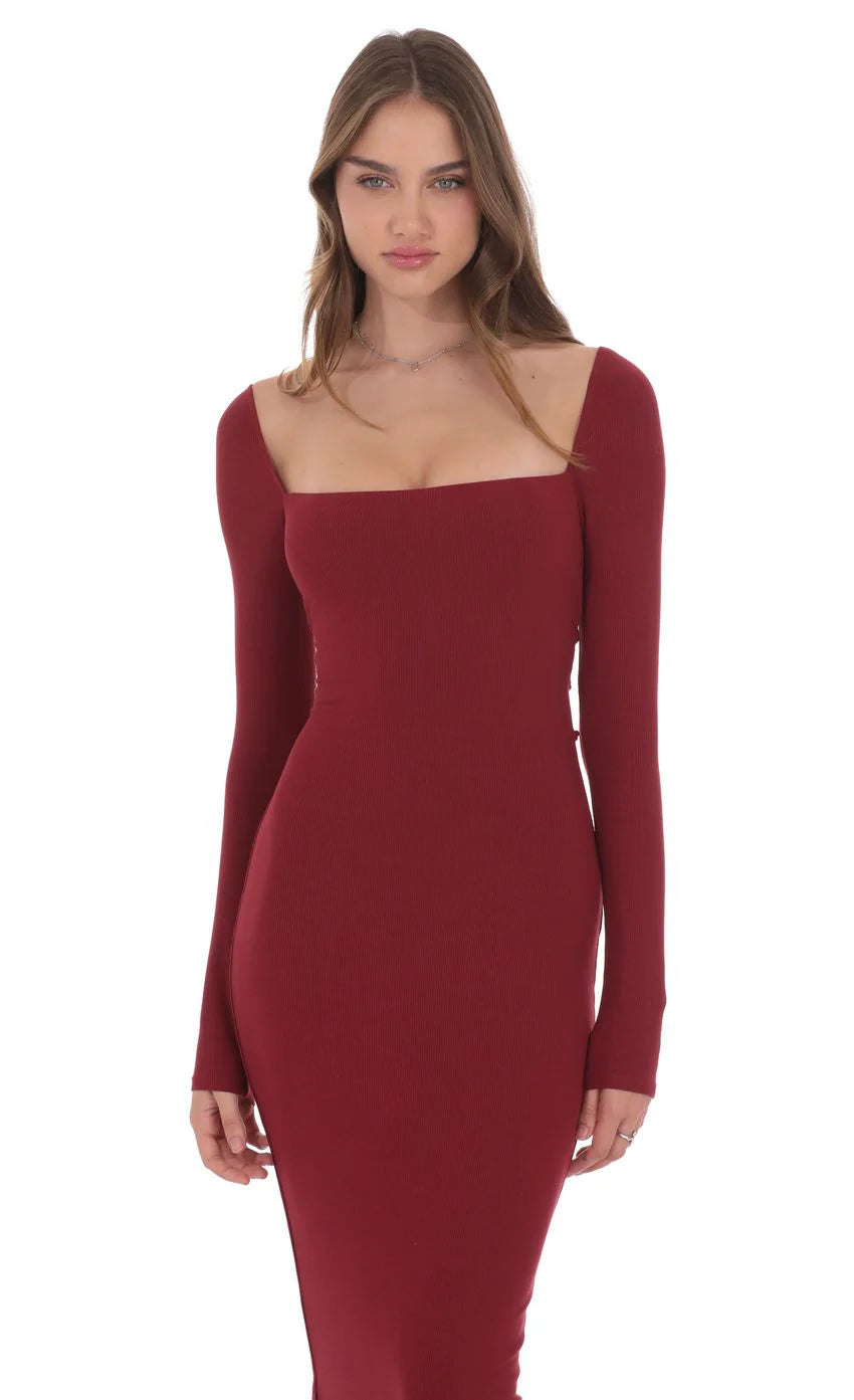 Cinch Tie Ribbed Maxi Dress in Burgundy