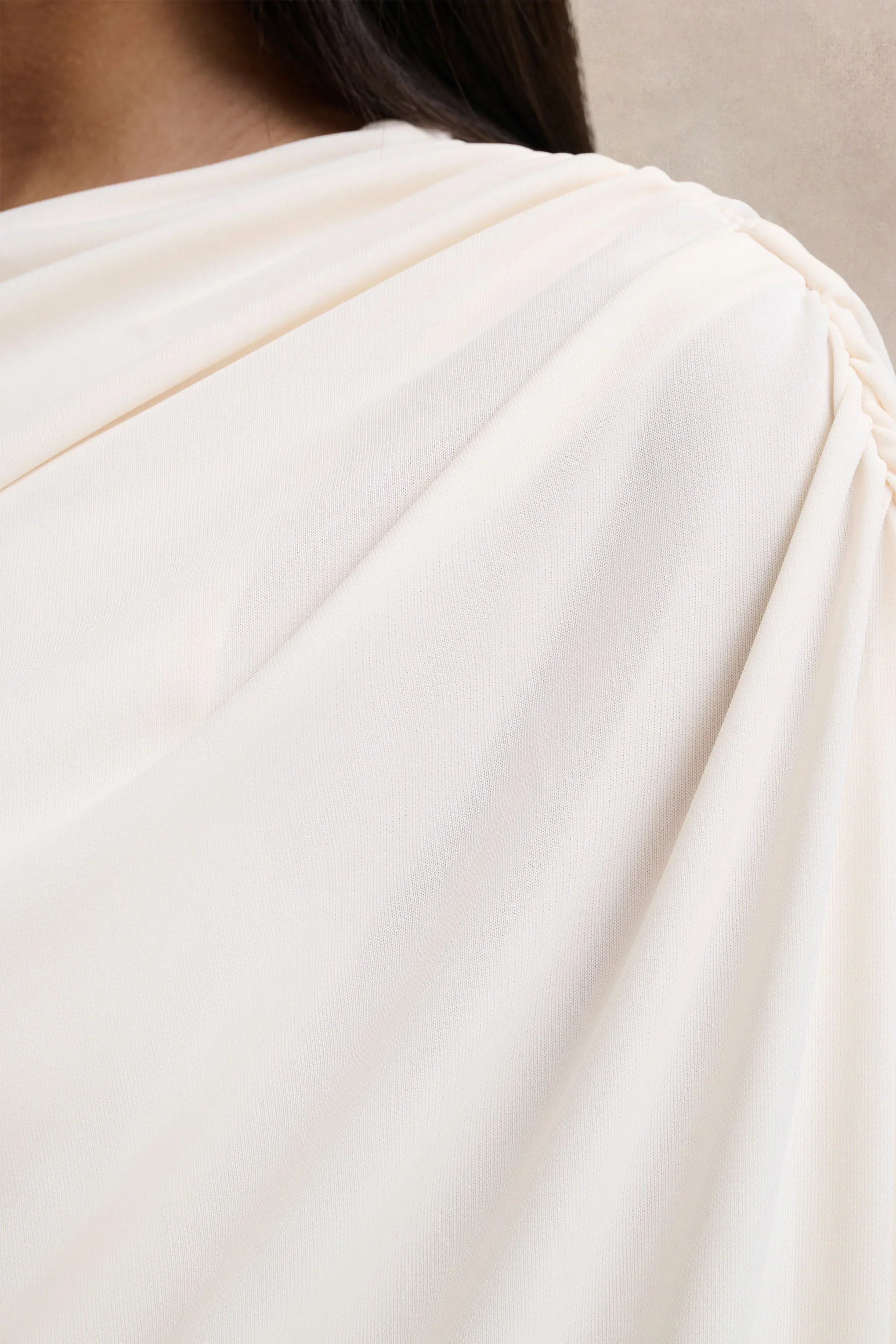 Olivia Cream Asymmetric Neck Maxi Dress With Ruched Detailing Asymmetric Hem