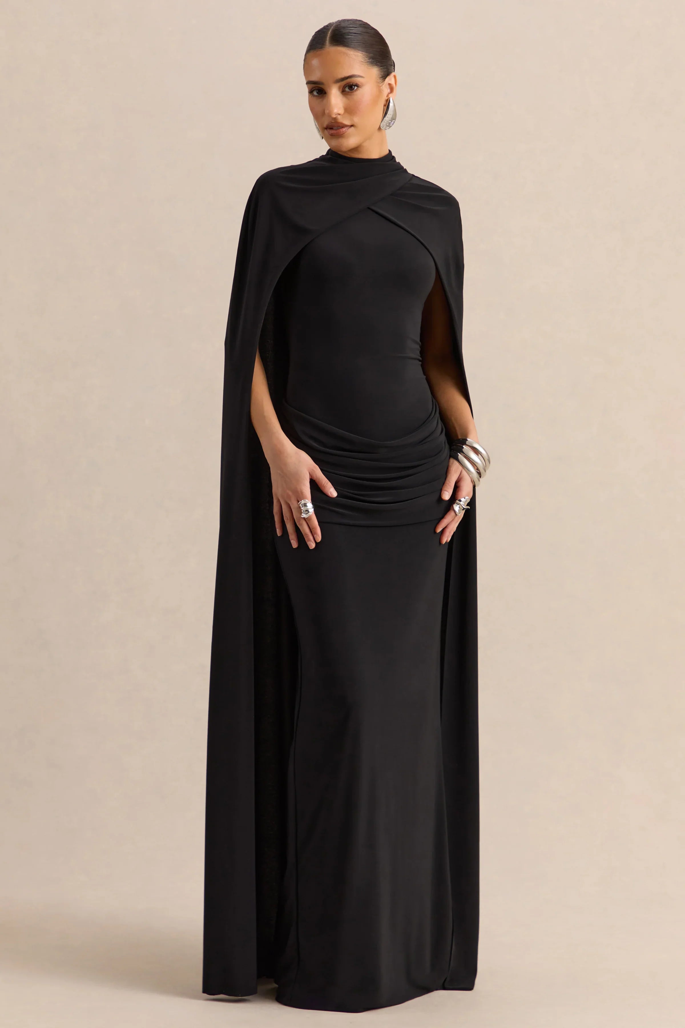 Dianelle Black High Neck Maxi Dress With Cape Sleeves