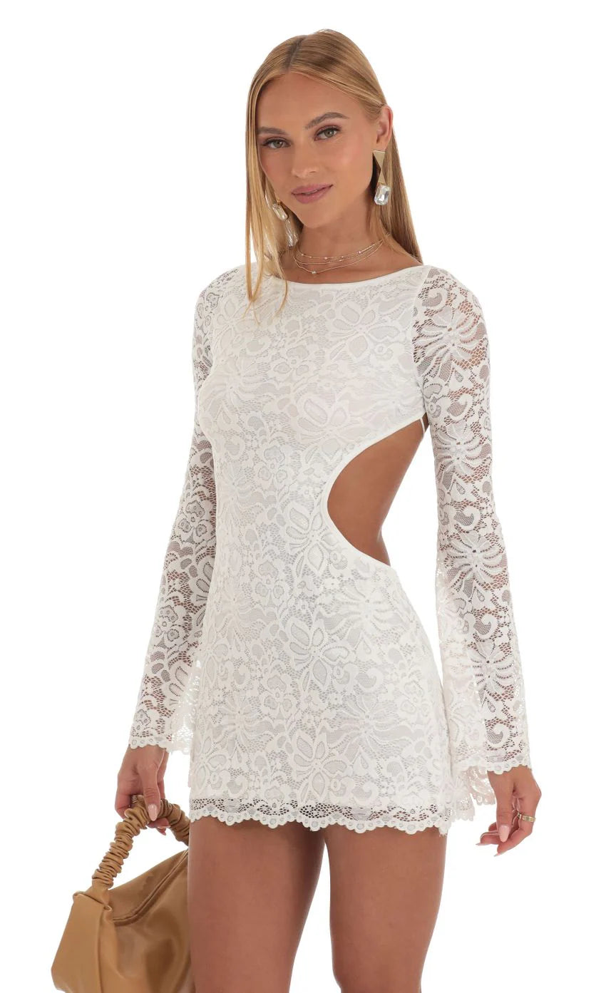 Lace Long Sleeve Dress in White