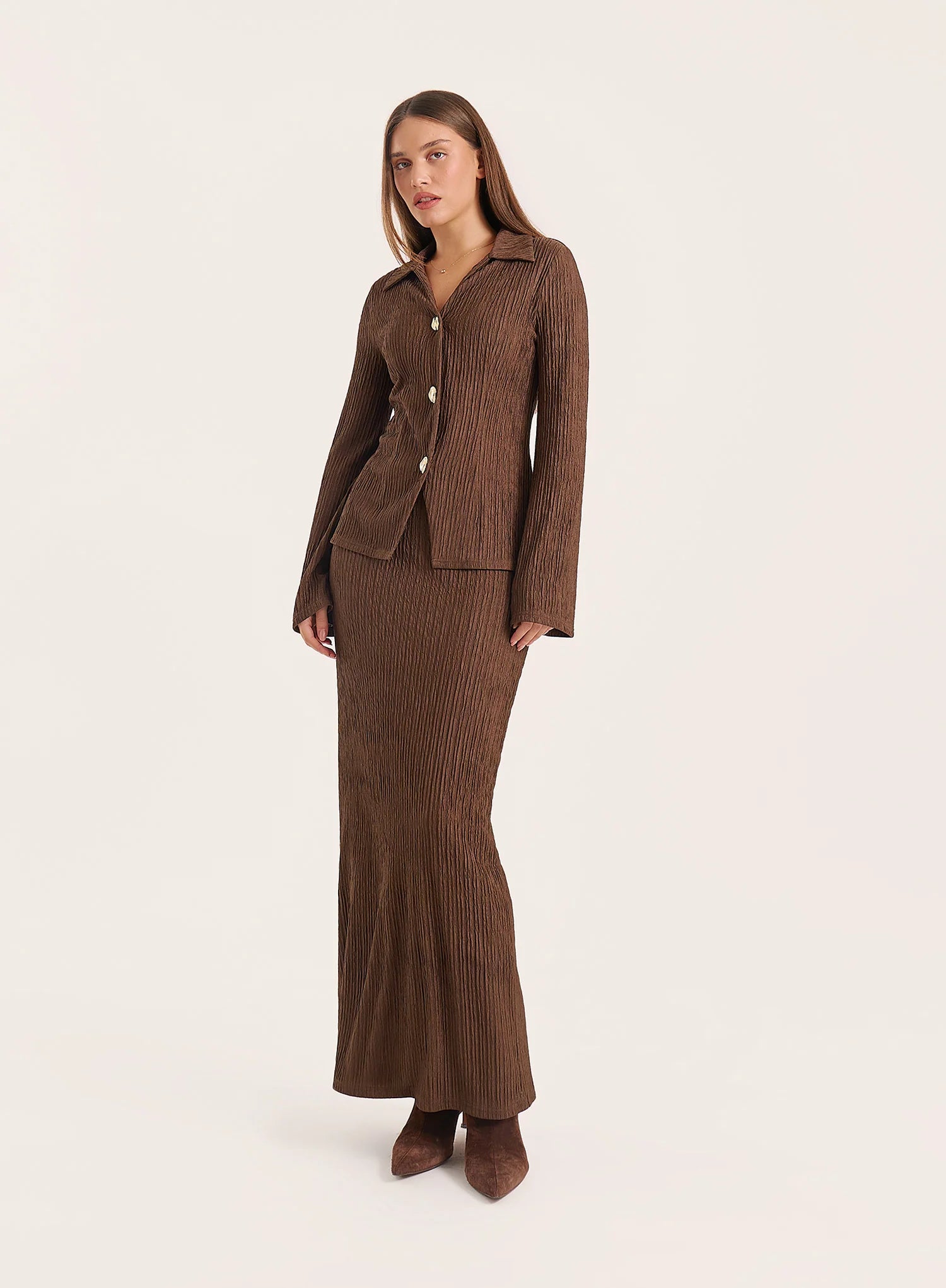 Chocolate Straight Fit Crinkle Maxi Skirt