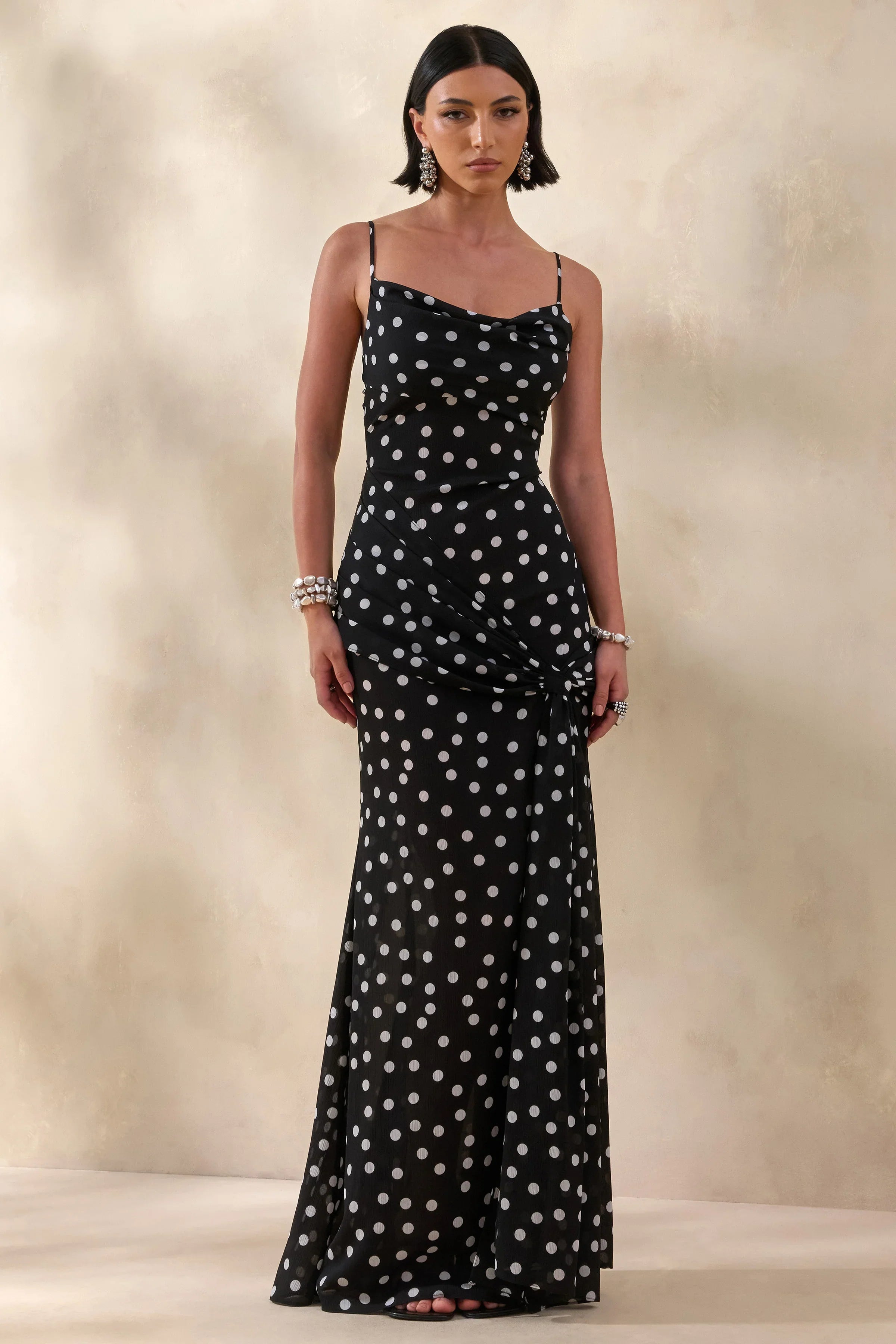 Virtue Black White Polka Dot Cowl Neck Fishtail Maxi Dress With Split