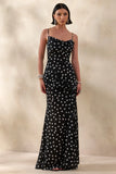 Virtue Black White Polka Dot Cowl Neck Fishtail Maxi Dress With Split