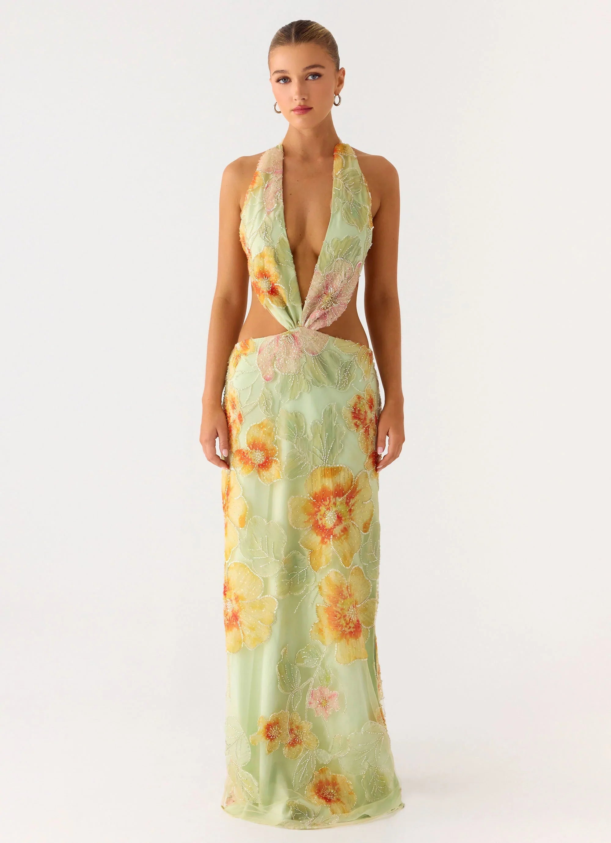 Really Something Beaded Maxi Dress Green Floral Beaded