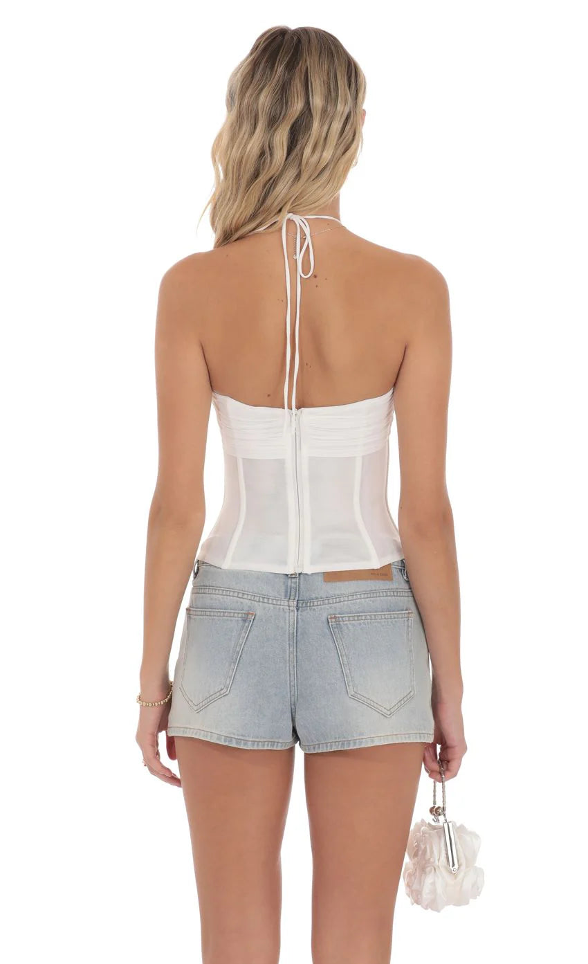 Mesh Corset Cutout Top in White