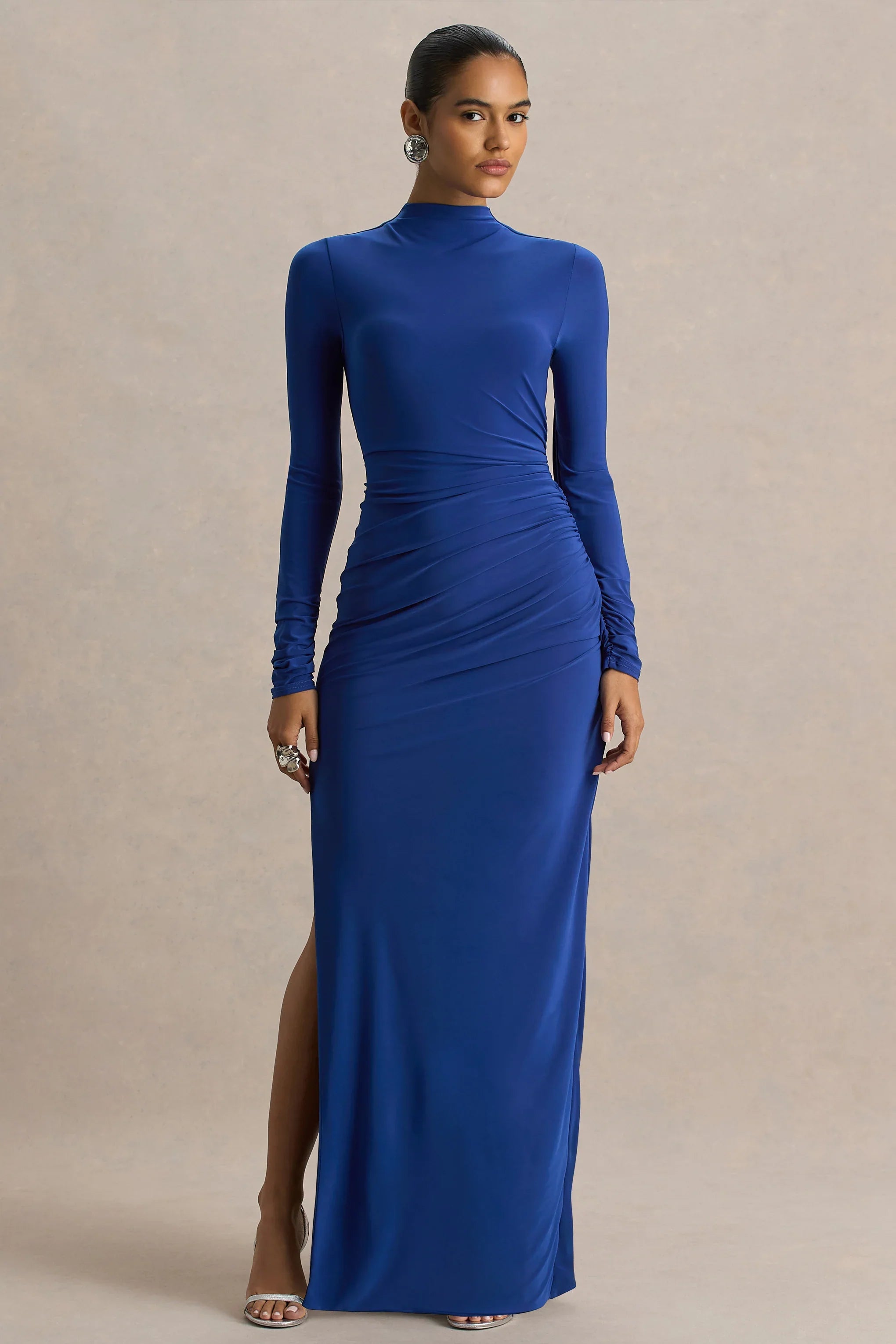 Alluring Blue High Neck Maxi Dress With Ruched Detailing