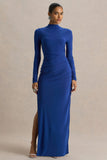 Alluring Blue High Neck Maxi Dress With Ruched Detailing