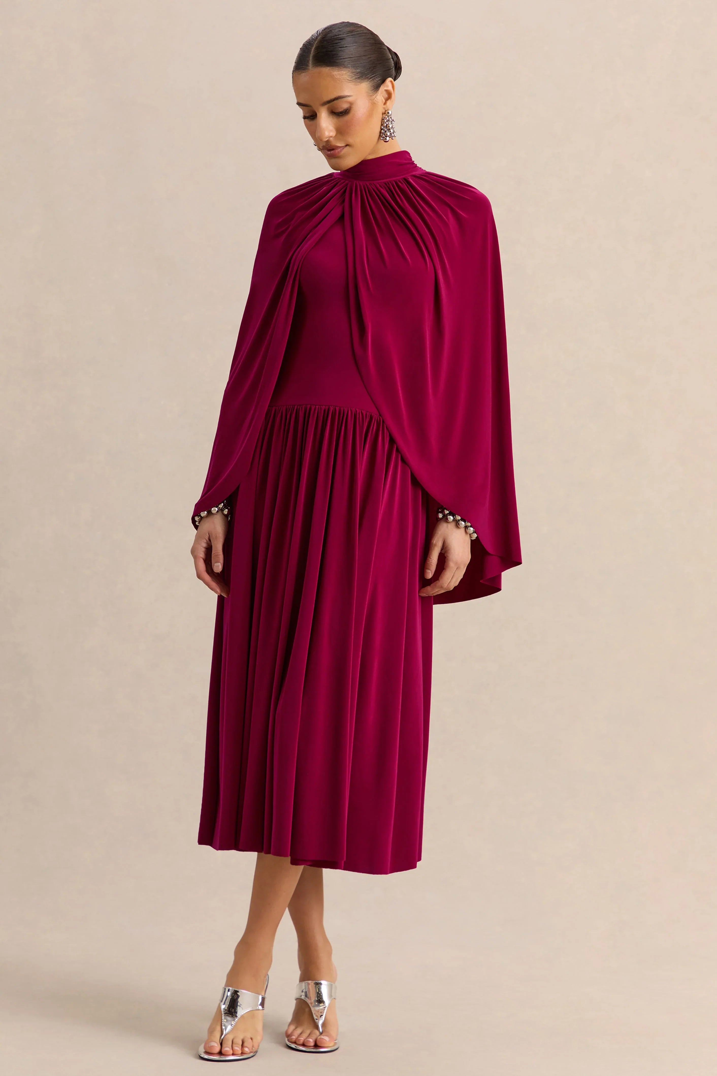Honora Burgundy High Neck Midi Dress With Cape Sleeves