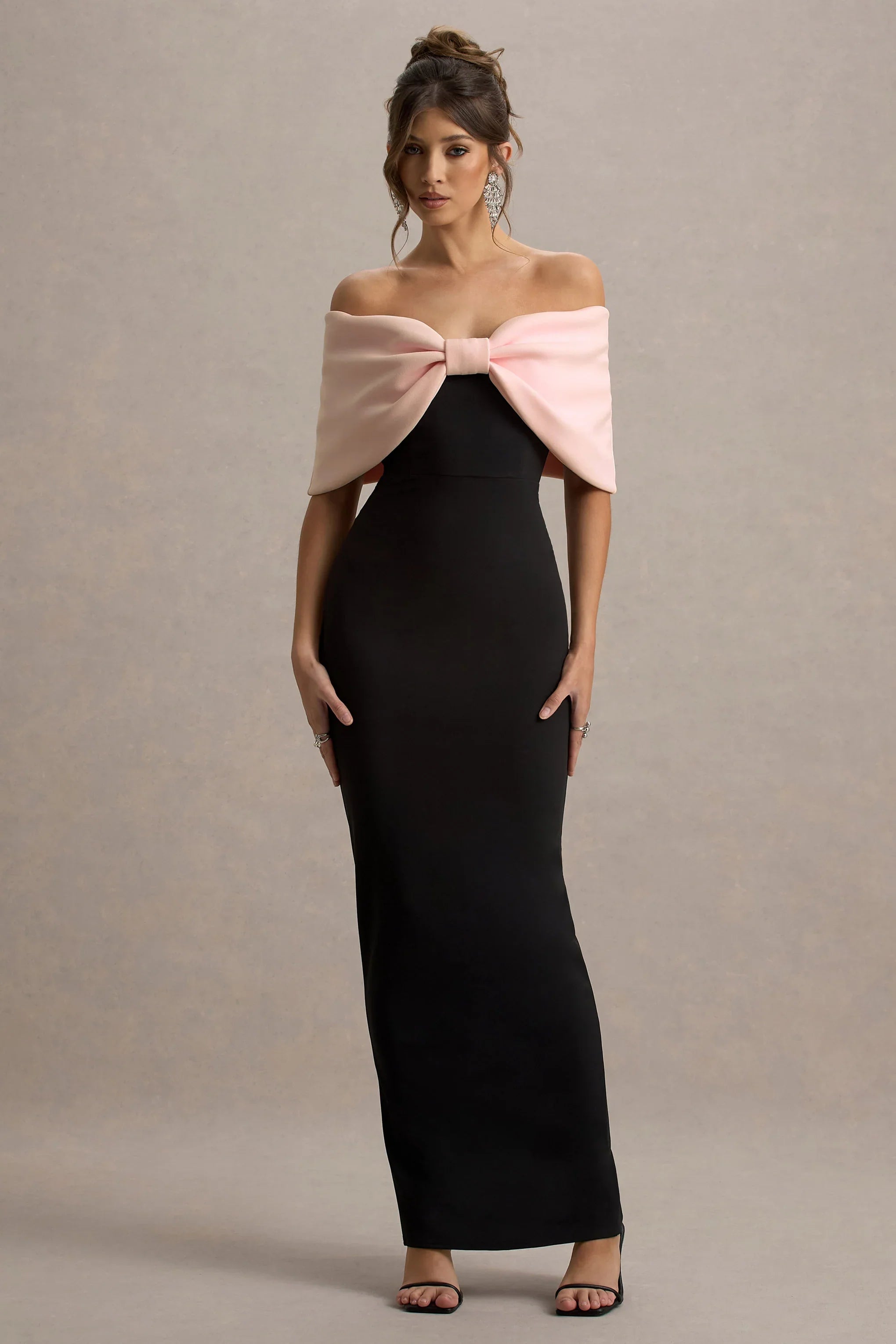 Cornelia Pink Black Strapless Maxi Dress With Oversized Bow