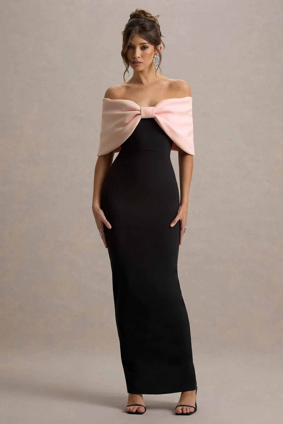 Cornelia Pink Black Strapless Maxi Dress With Oversized Bow