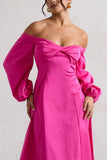 Santino Hot Pink Twisted Bardot Puff Sleeve Midi Dress