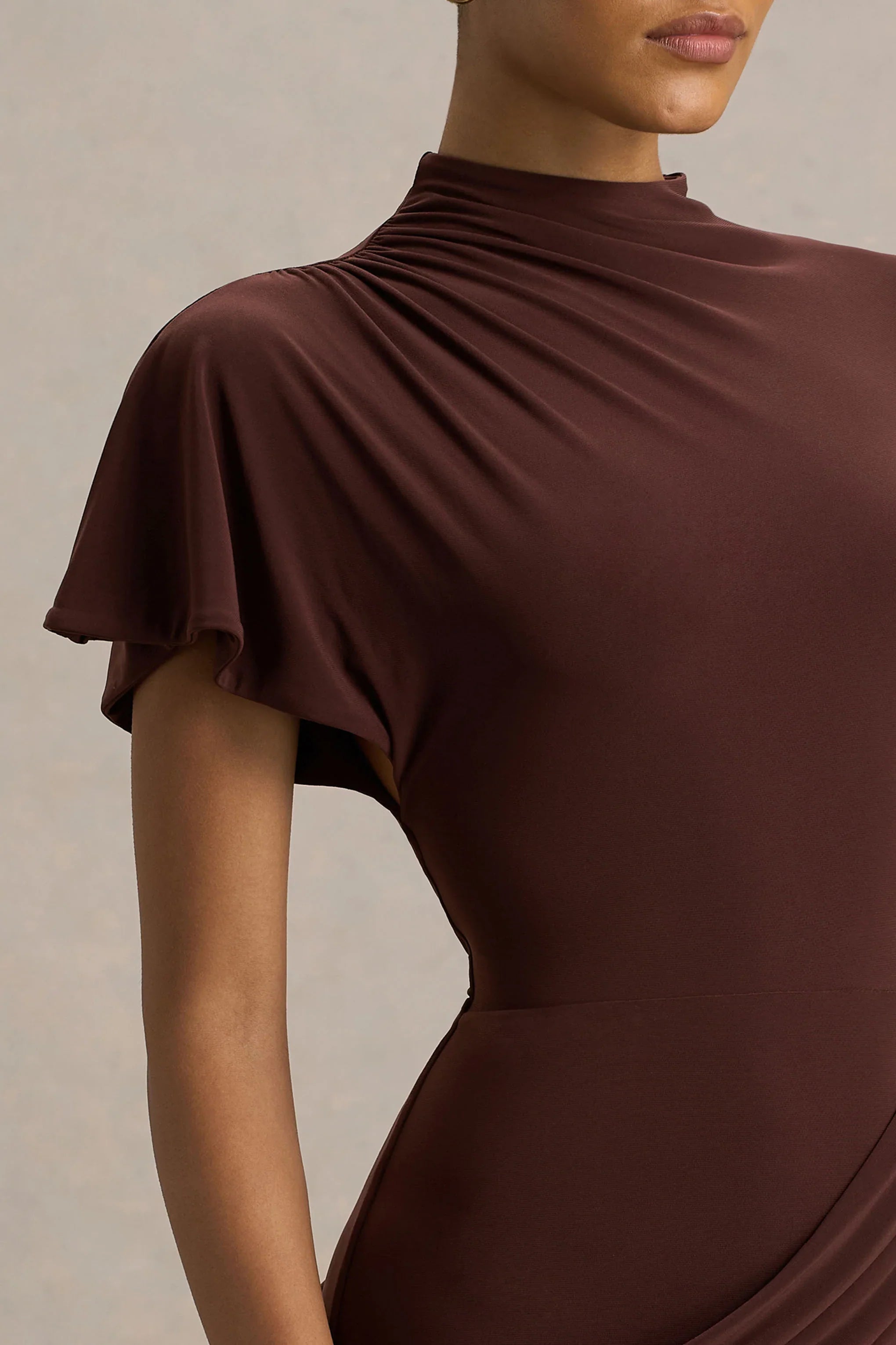 Tropic Brown High Neck Maxi With Long Cape Sleeve