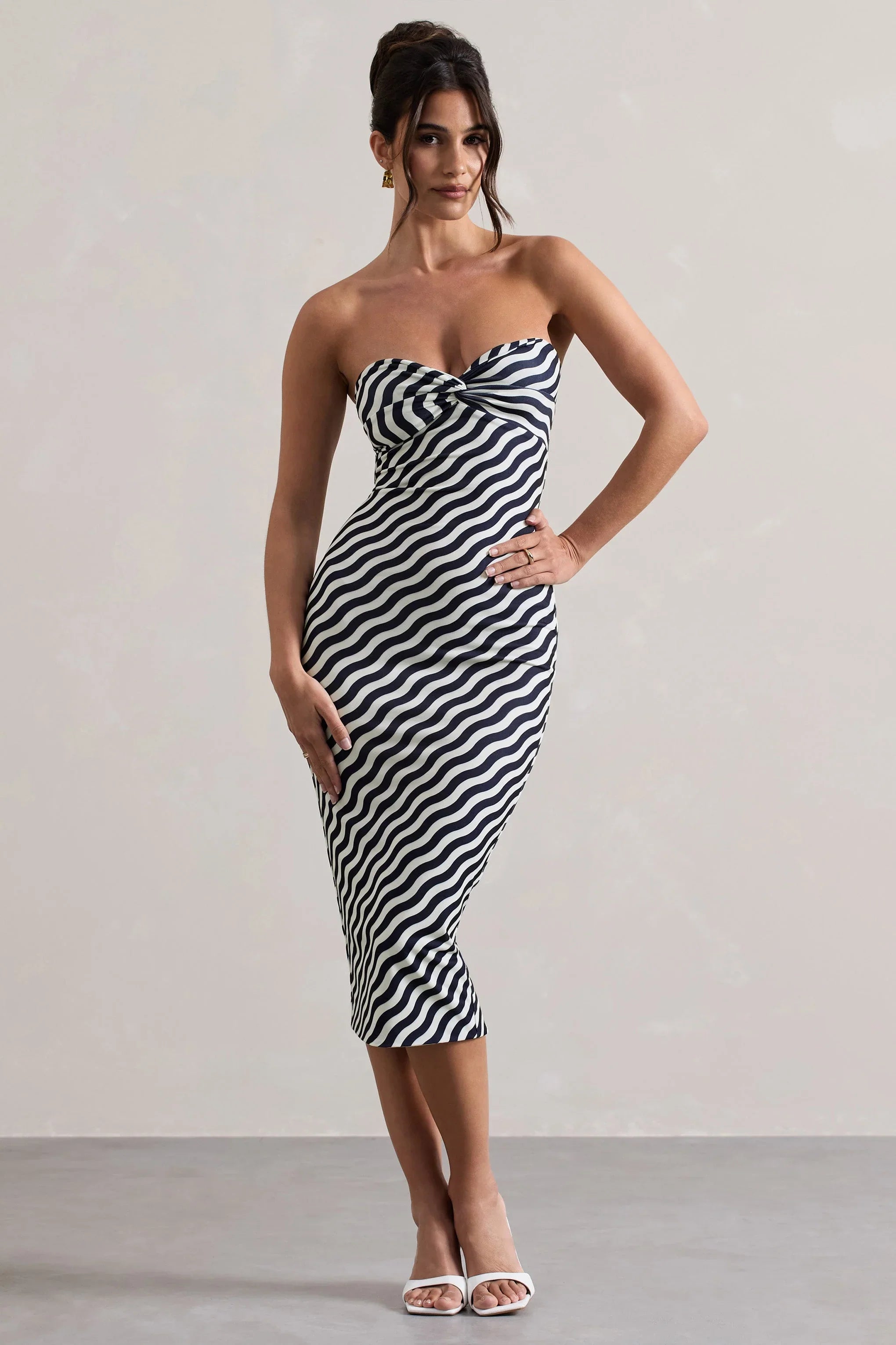 Reese Navy Wave Print Strapless Midi Dress