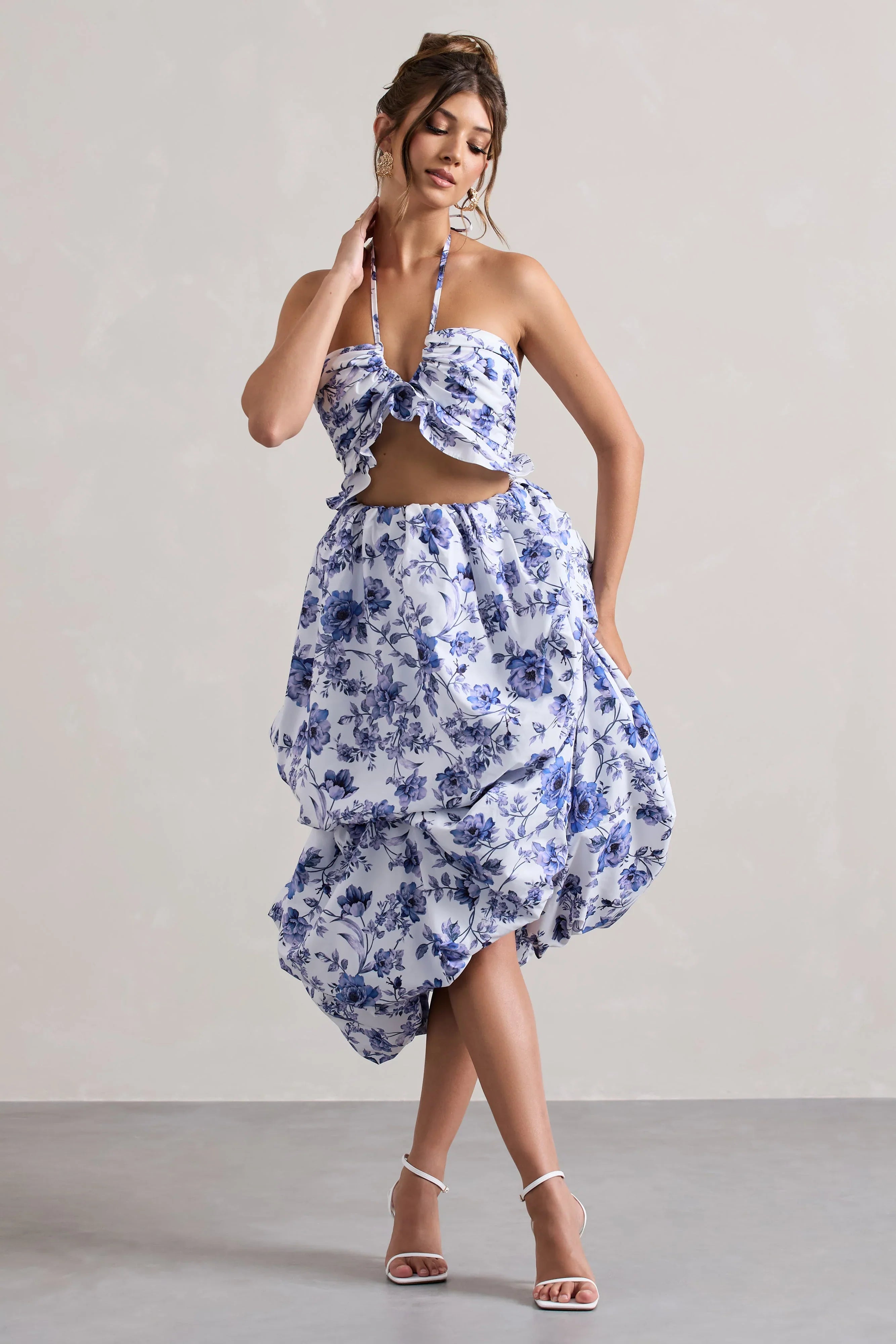 Make Waves Floral Print Volume High Low Midi Skirt
