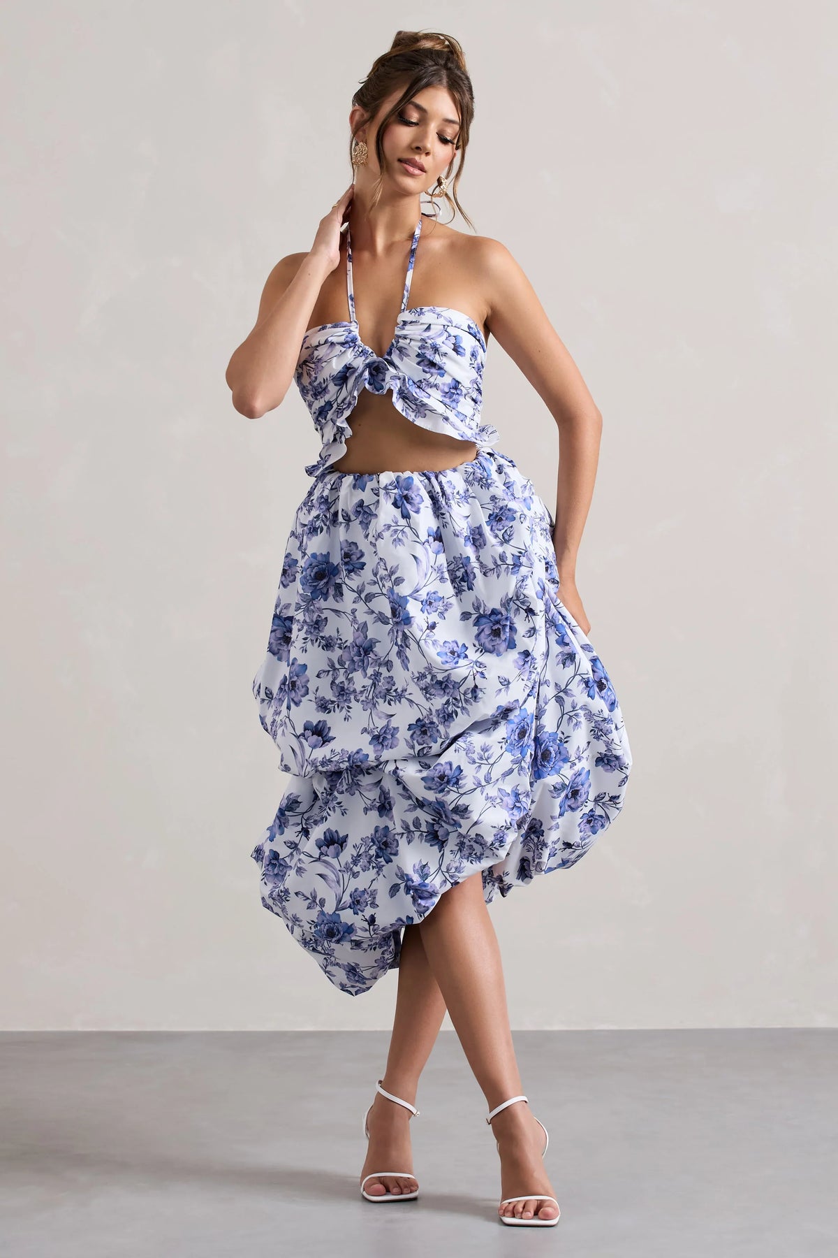 Make Waves Floral Print Volume High Low Midi Skirt