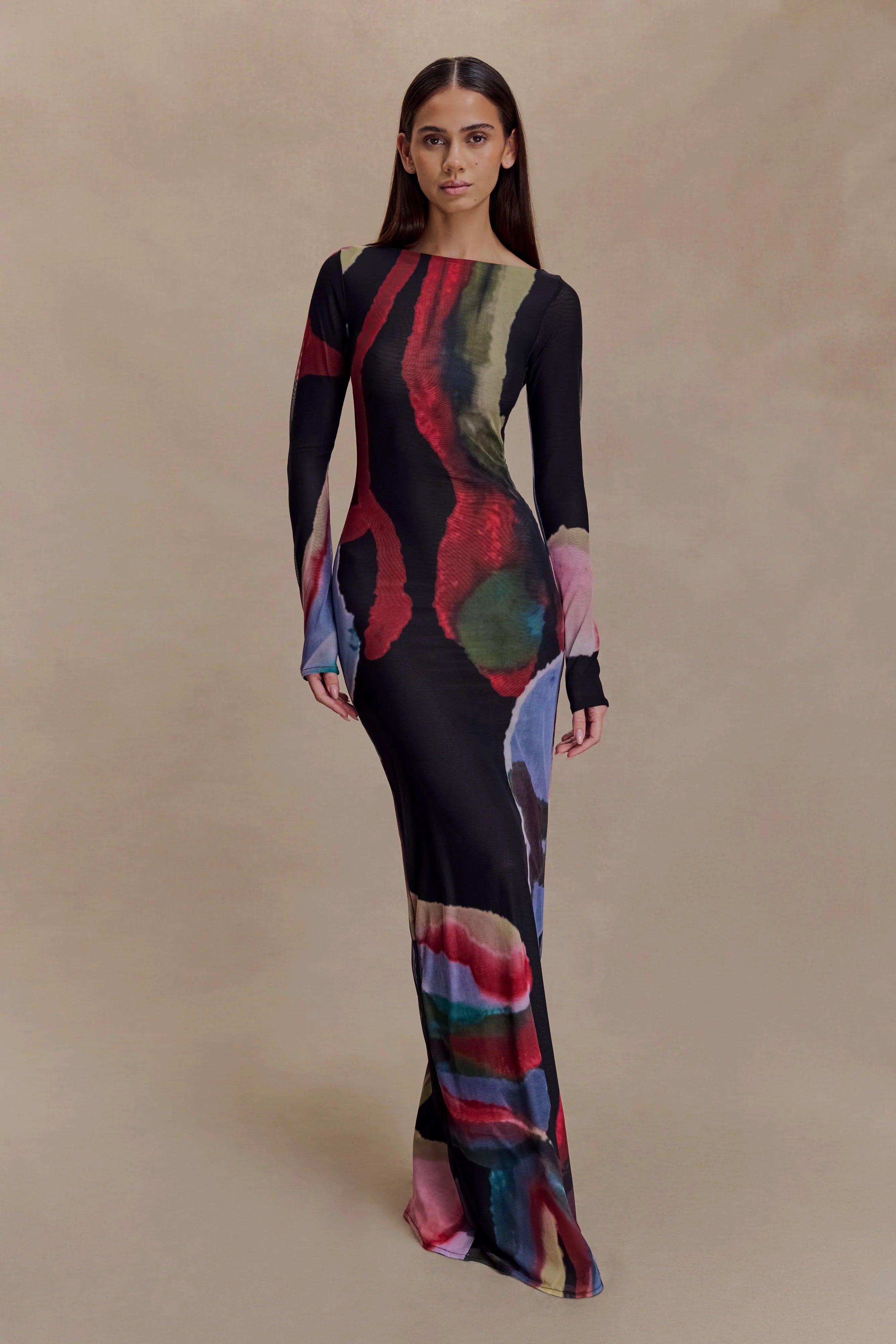 Soraya Long Sleeve Mesh Maxi Dress Multi Fluid Reverie Print