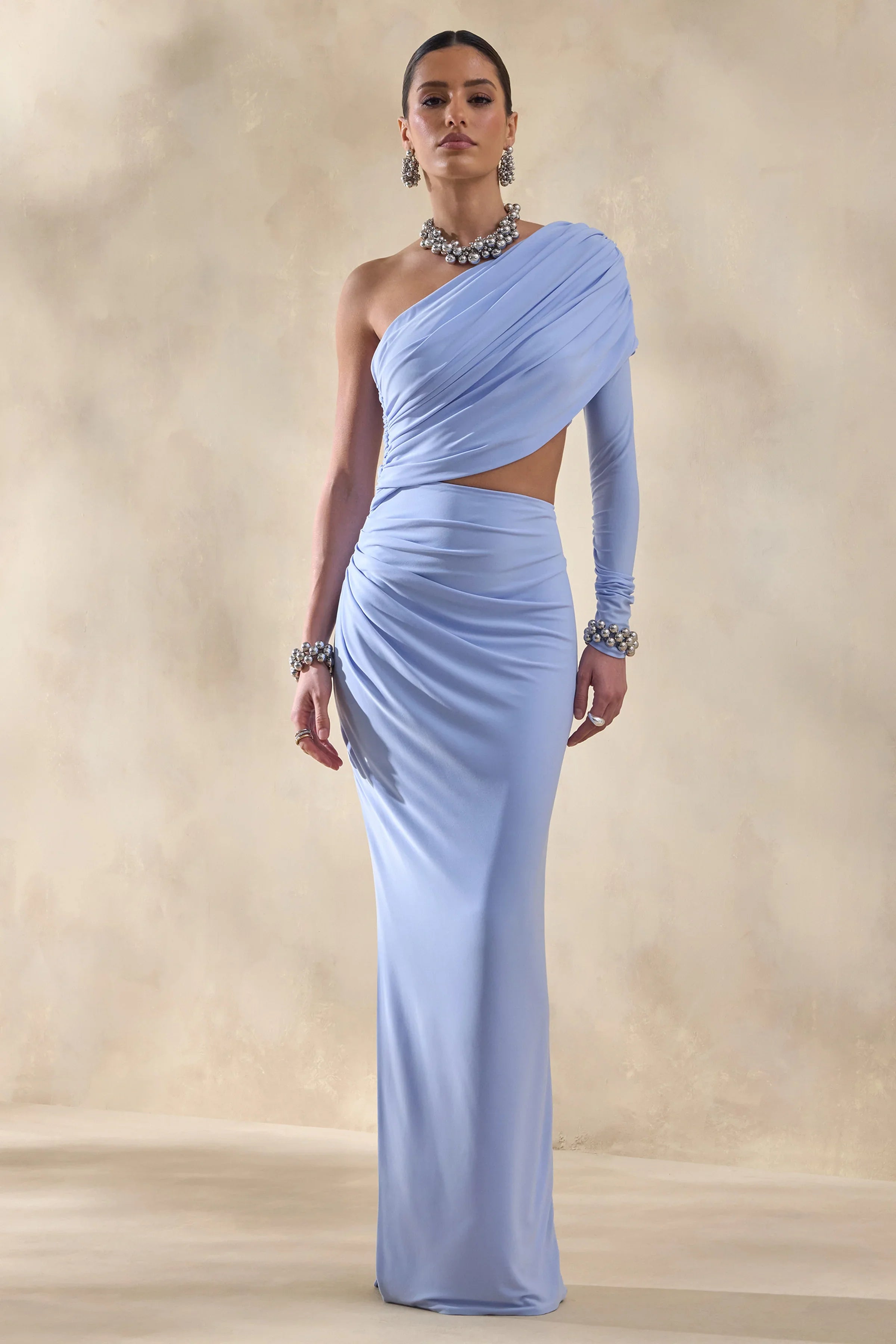 Malika Powder Blue Asymmetric Neck Maxi Dress With Body Cut Out And Gathered Detailing