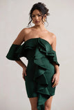 Aspen Bottle Green Bardot Mini Dress With Ruffles