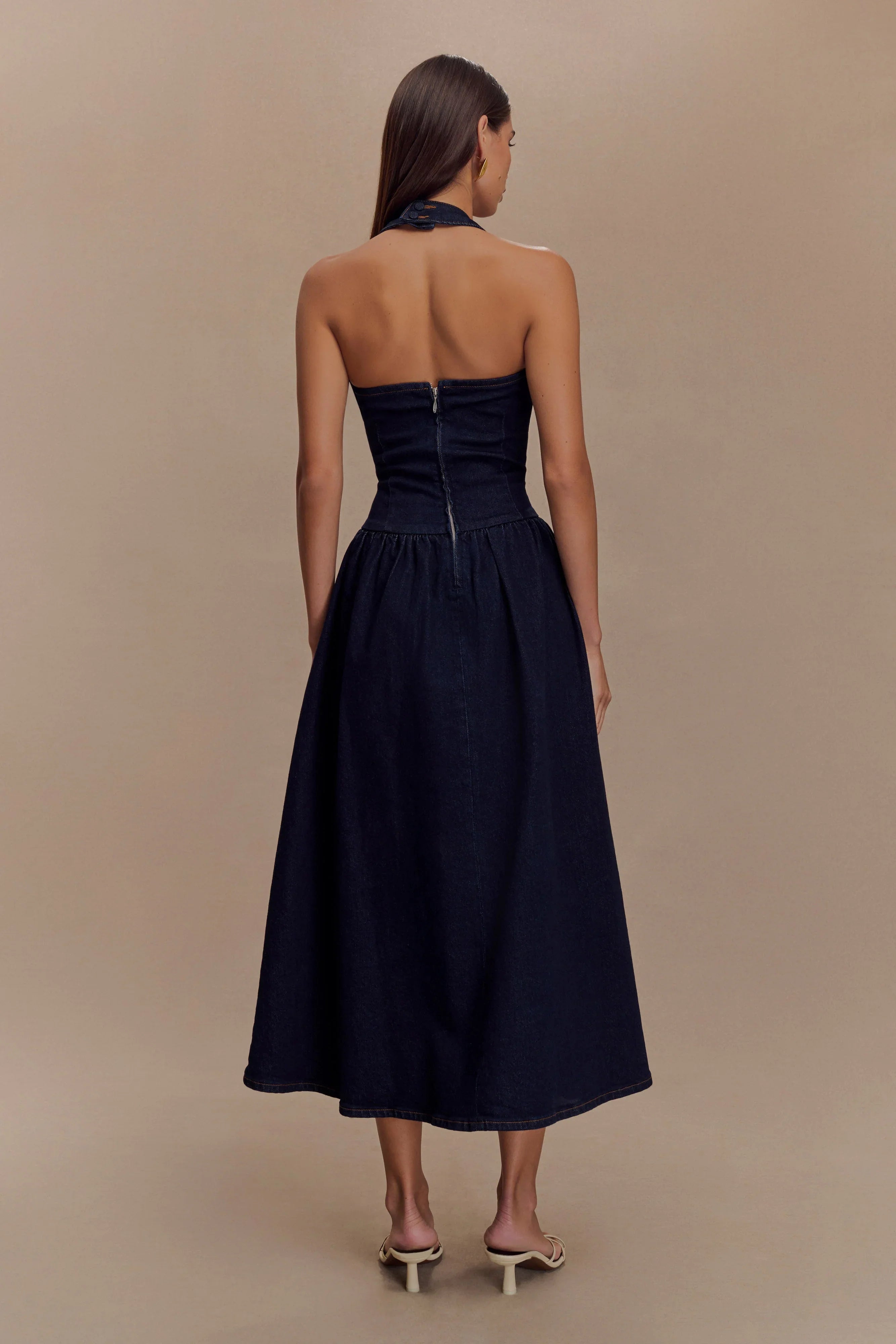 Caroline Denim Halter Midi Dress Indigo Blue