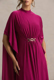 Olessia Burgundy Belted Gathered Cape Sleeve Maxi Dress