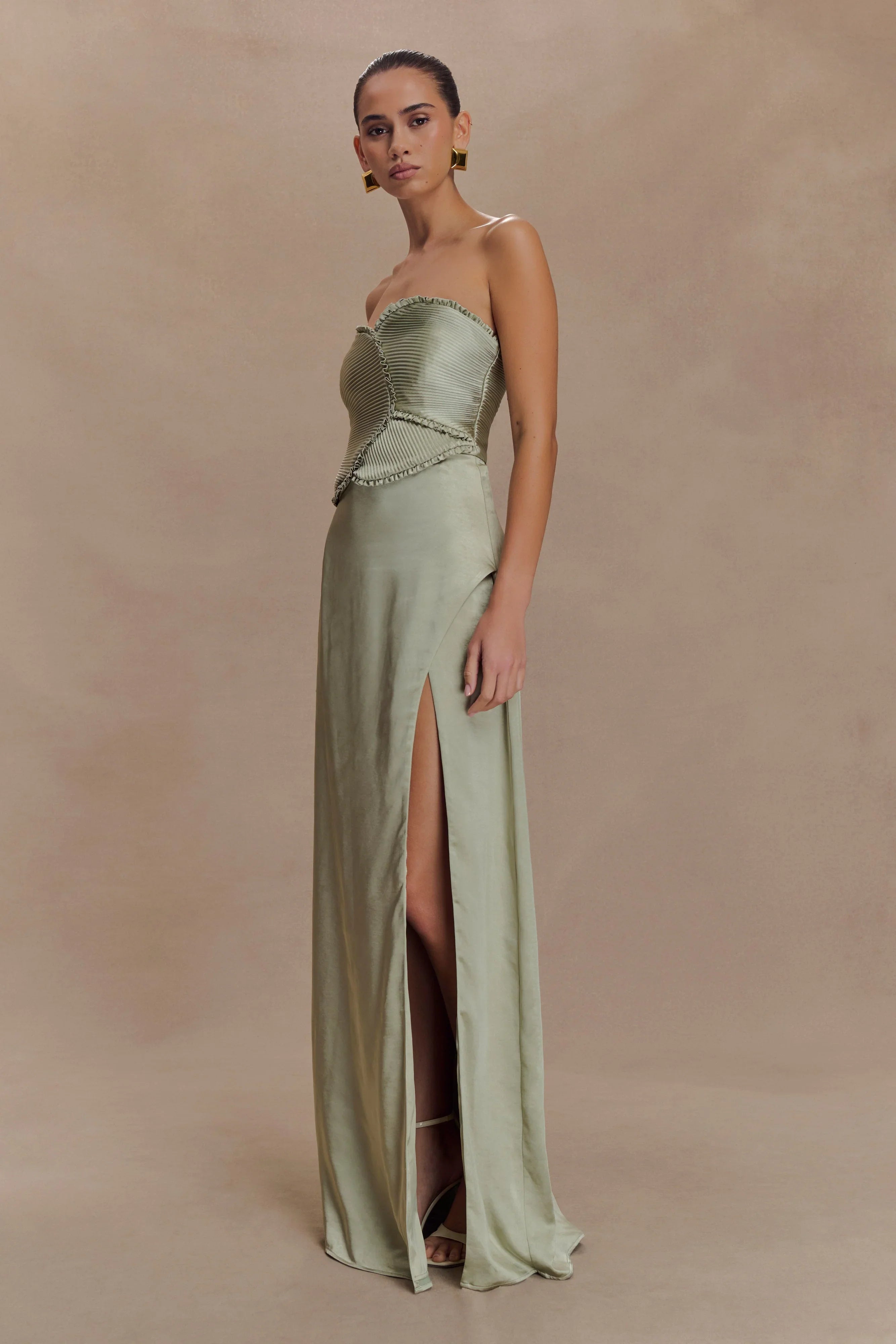Larissa Satin Maxi Dress With Ruched Petals Sage