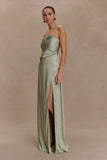 Larissa Satin Maxi Dress With Ruched Petals Sage