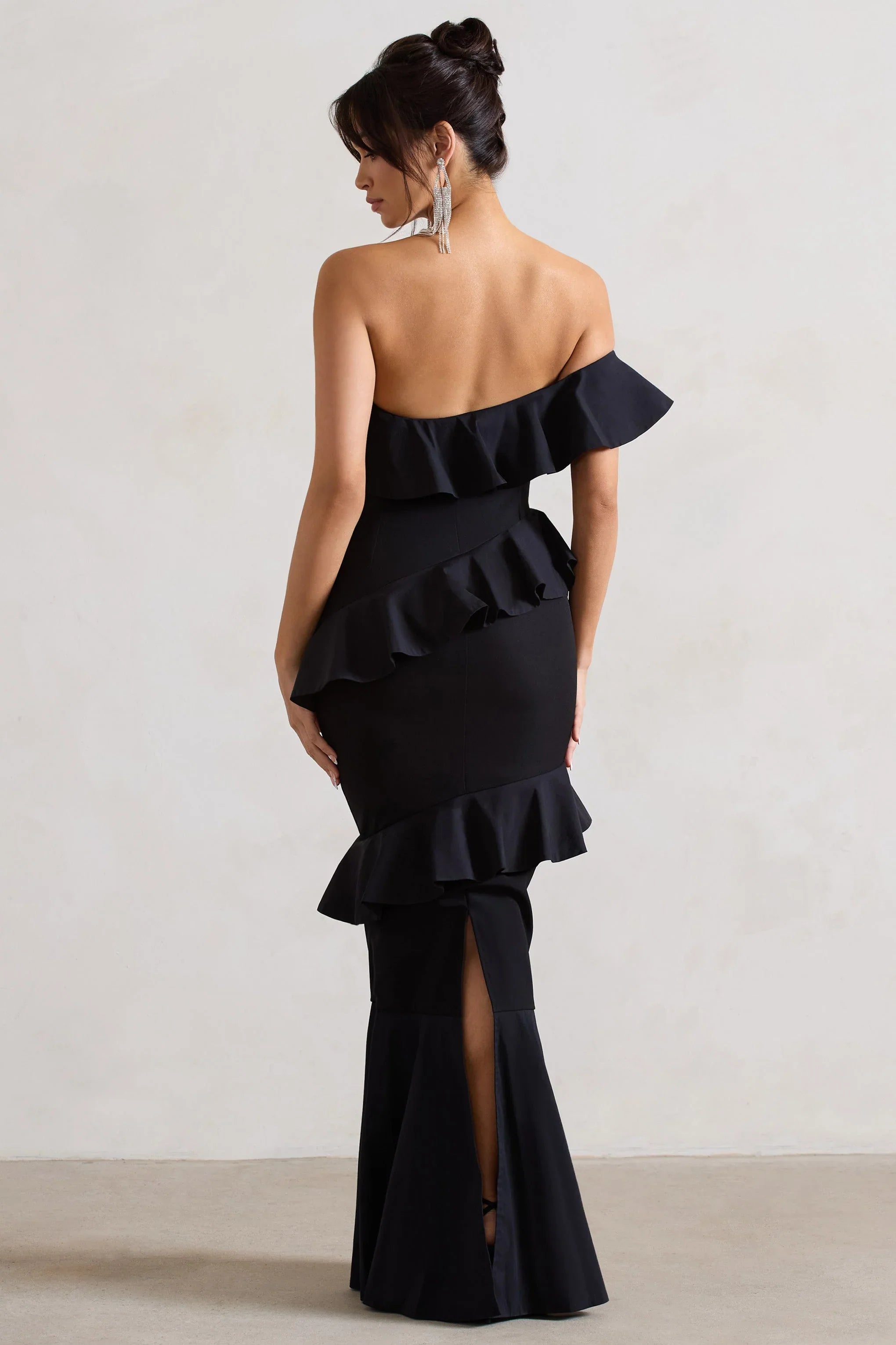 Cinematic Black Bardot Ruffled Fishtail Maxi Dress
